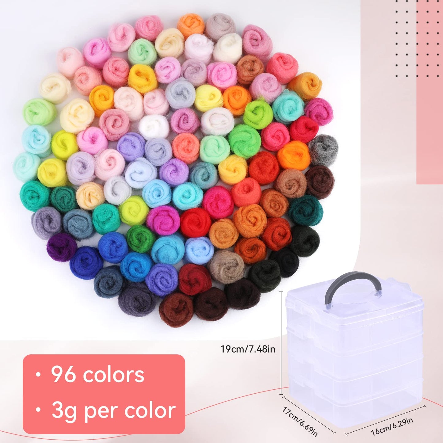 JUPEAN 96Pcs Needle Felting Wool 10.4 oz Wool Roving Yarn Needle Felting Kit with 4-Layer Transparent Storage Box for DIY Hand Spinning and Creations, 3g/Color