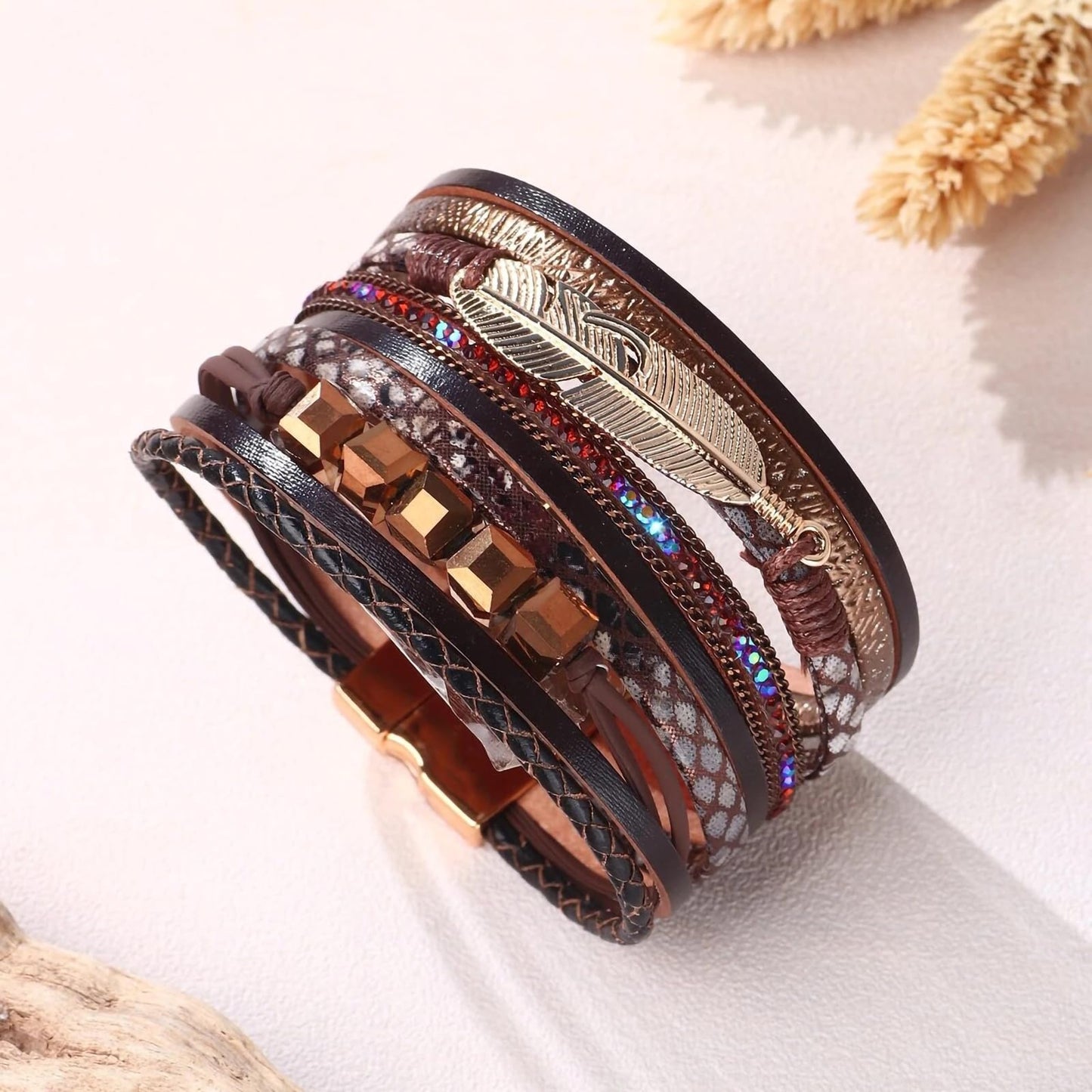 Leopard Bracelet for Women, Boho Leather Wrap Multi-Layer Pearl Crystal Bracelet Bangle Jewelry (Cube(Brown))