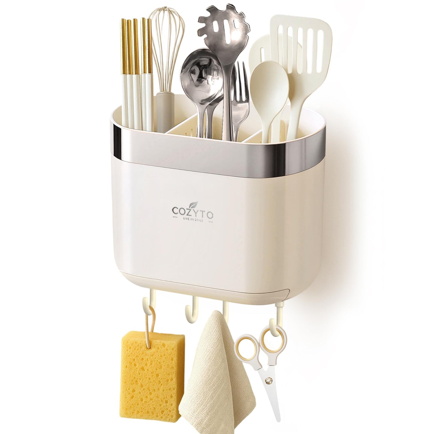 COZYTO LuxTray U1-Pro Wall Mounted Utensil Holder – Kitchen Organizer with Hooks, Dividers & Drain Tray, No-Drill Adhesive Wall Mount Storage, BPA-Free (Cream White & Shiny Silver)