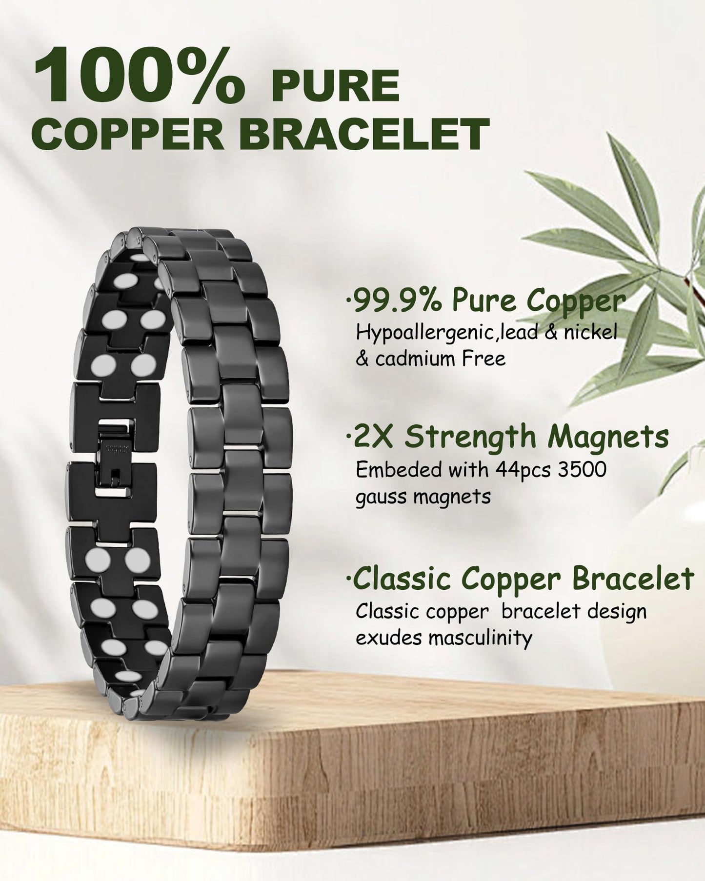 MagEnergy Mens Copper Magnetic Bracelets, 99.9% Pure Copper Bracelet with Double-Row Strength Magnets, Adjustable Jewelry with Sizing Tool
