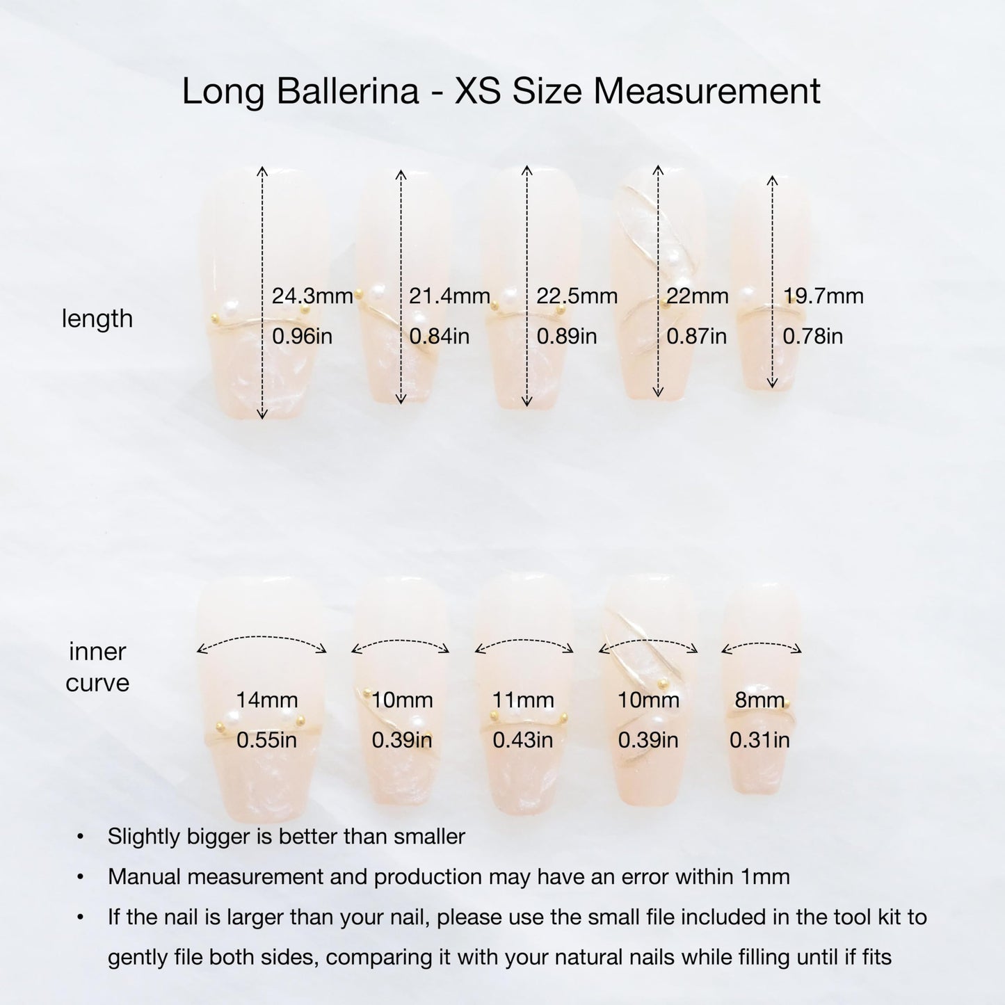 [GLORS] Luxury Pearl Press-on Nails, Long Ballerina Shape, Gold Accented Artificial Nails Set, Handmade False Nail 10 Pieces (XS, LS)