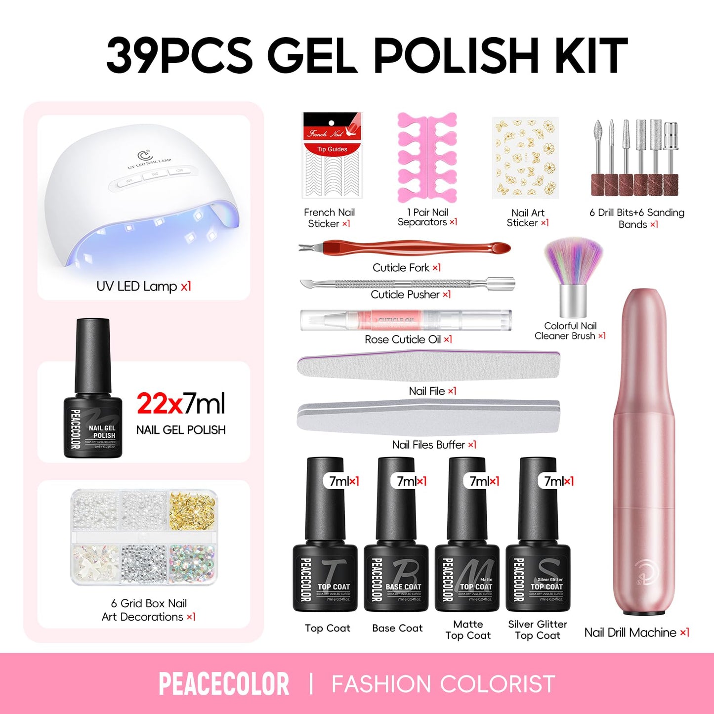 PEACECOLOR Gel Nail Polish Kit with U V light and Drill - 39Pcs Gel Nail Kit 22 Colors All Season Gel Polish Set with Base Matte Glossy Glitter Top Coat Soak Off Manicure Set Women Teens Girl Gifts