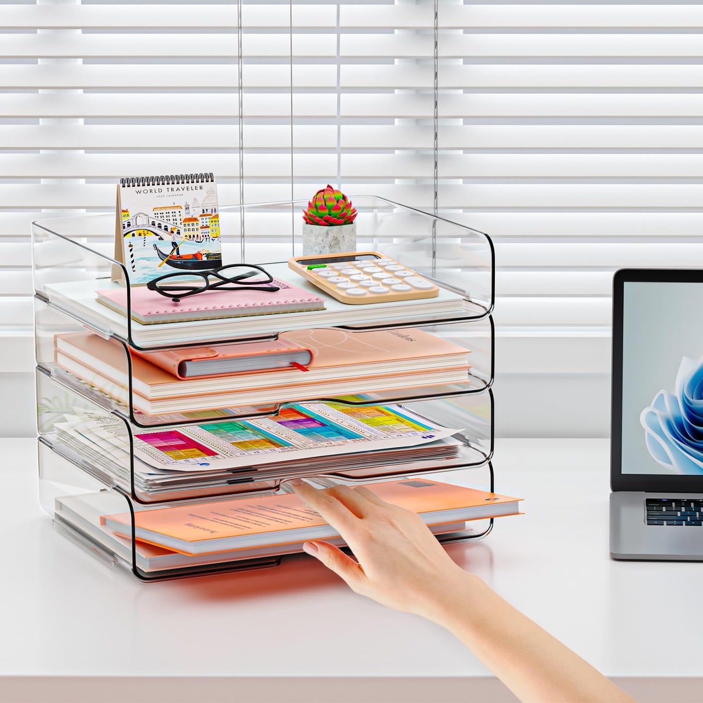 YKLSLH 4 Trays Paper Organizer Letter Tray - Acrylic Desk File Organizer, Stackable Clear Paper Holder Sorter Office Organizer for Letter/A4, Office File Ipad Books Notes Etc
