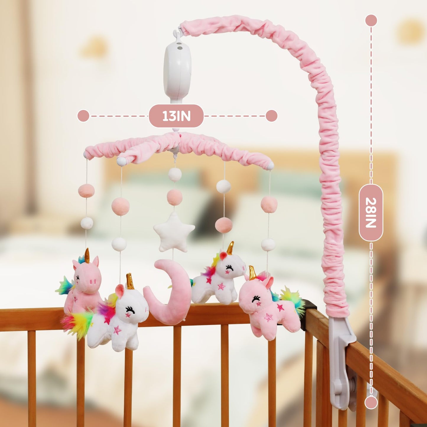 Baby Crib Mobile - Unicorn Crib Mobile for Girls with 28 Inches Mobile Arm and 35 Lullabies Musical Box, 3 Modes Digital, Volume Control, Essential Gift for Infant Bedroom Hanging Decor