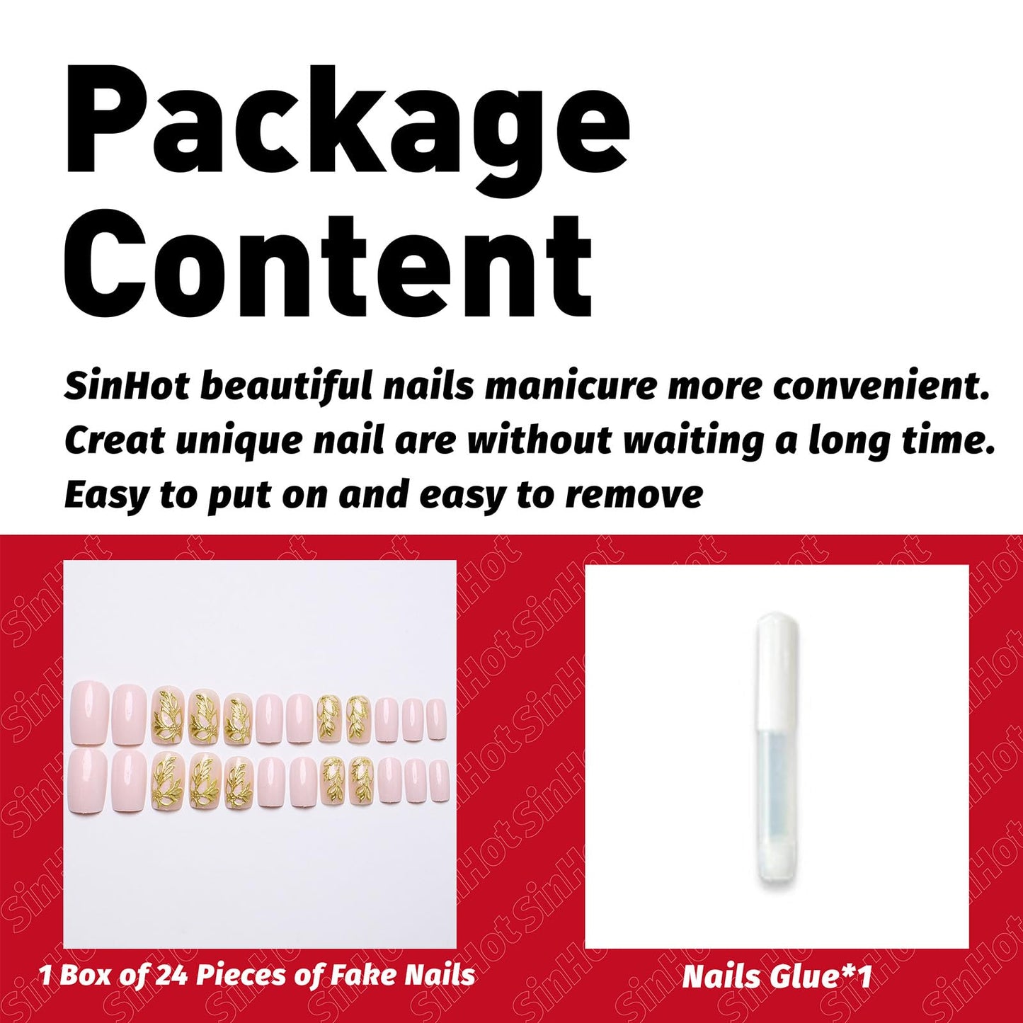 SINHOT Square Press on Nails - Medium Fake Nails, Glossy Finish, Gold Chrome Butterfly & Nude Natural, DIY Artificial False Nail Art - 24 Pcs Nail Kit with Glue