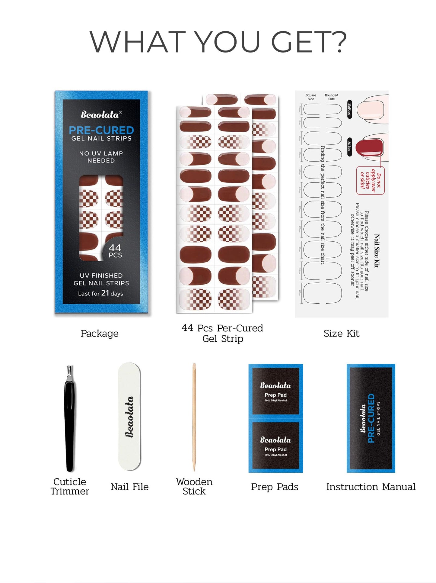 Beaolata Real Gel Nail Strips (No UV Light Needed) - 44Pcs Salon Quality Nail Stickers - Long Lasting Polish Wraps for Women, Easy Apply & Remove (Chestnut Brown