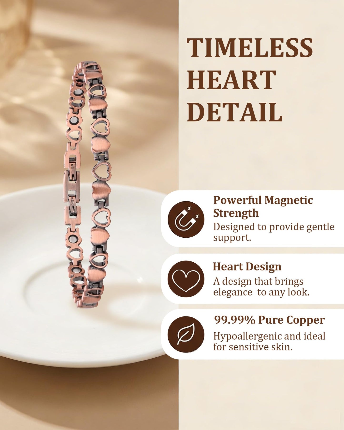 Fashtour 99.99% Pure Copper Magnetic Bracelet for Women, Heart Wire Design Adjustable Jewelry with 3800 Gauss Magnets, Elegant Gift Box