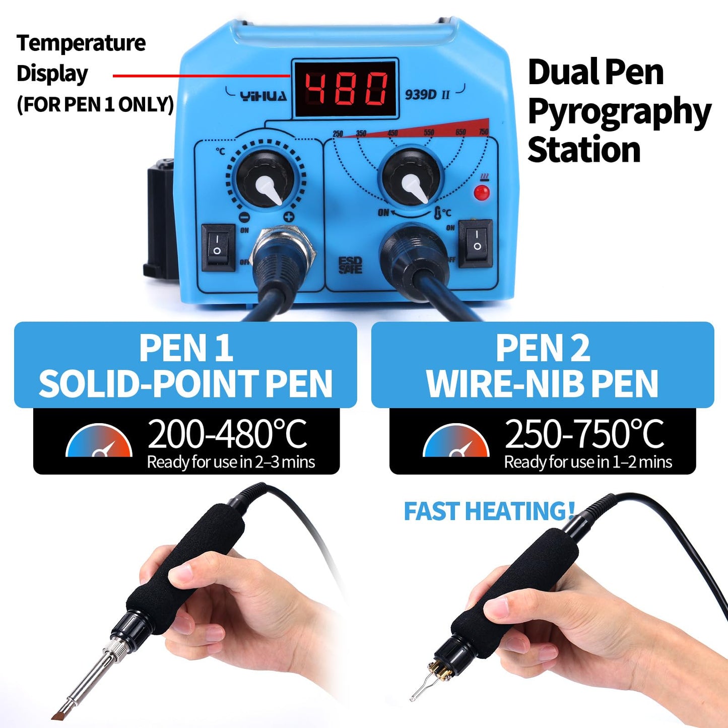 YIHUA 939D-II Pyrography Pen Wood Burning Kit Station 2-in-1 Solid-Point 200~480°C (with Temp Display)/Wire-Nib 250~750°C with 20 Nibs, Solid Points, 1 Stable Pen Holder, 2 Scrap Wood (Blue)