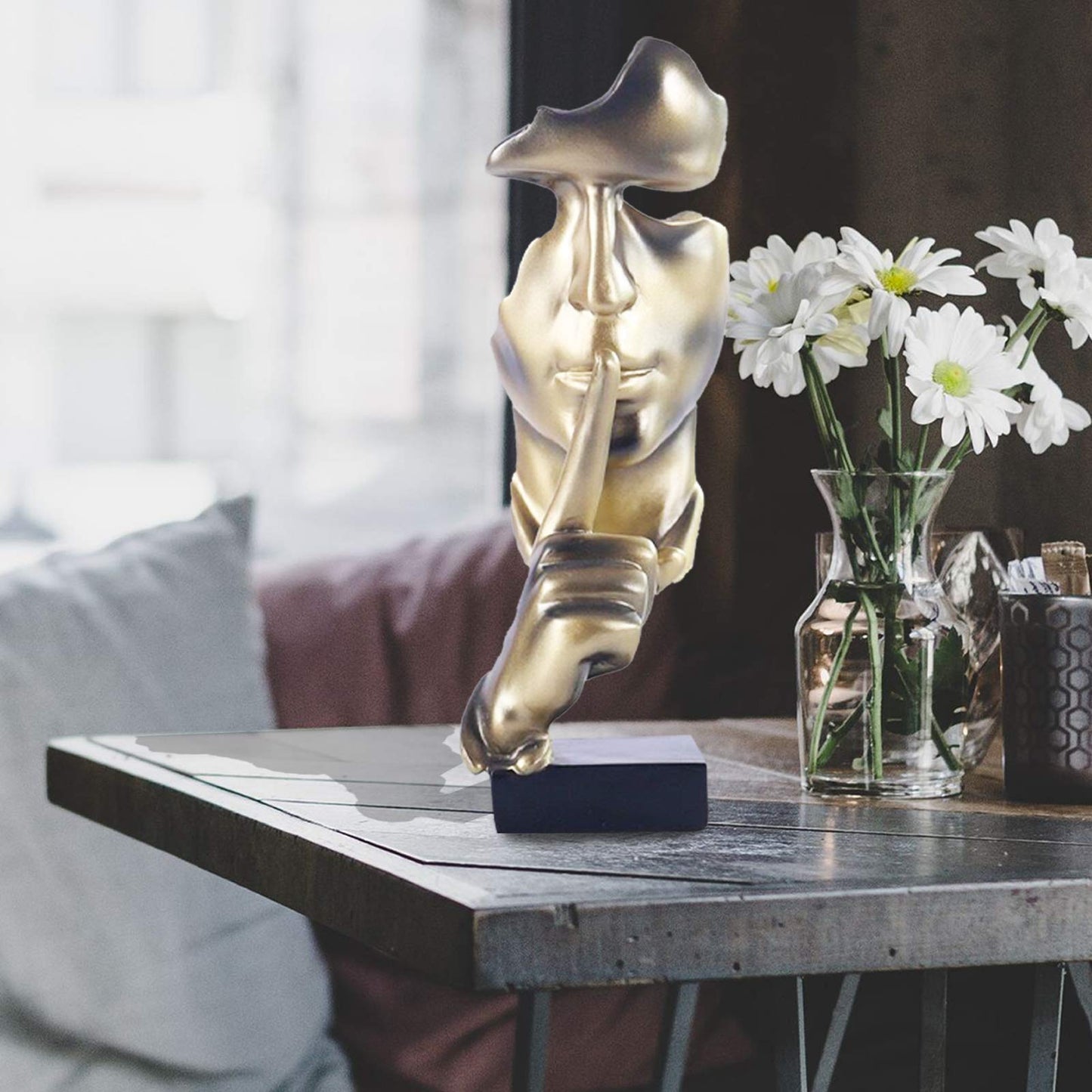aboxoo Thinker Statue, Silence is Gold Abstract Art Figurine,Modern Home Resin Sculptures Decorative Objects,Table Top Decor for Livingroom Home Decor,Office Study Sculpture,Shh mask Statue(Gold)