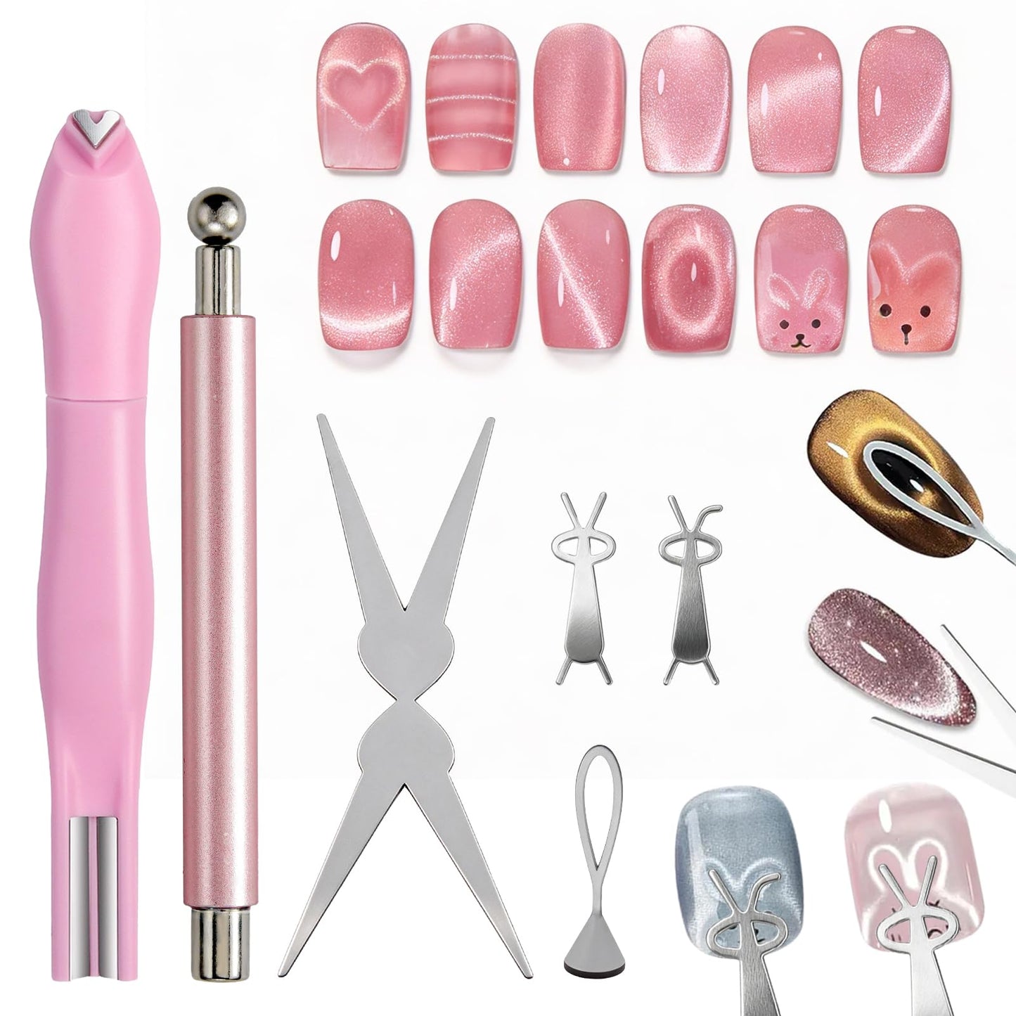 YECIRALA 2 Pcs Nail Art Cat Eye Magnets with Y&O-Shaped And Bunny Molds For Nails, 3 In 1 Versatile And Cylinder Nail Magnet Tools For Cat Eye Gel Polish Magnets, Heart, Lines & Hole Cateye Magnets