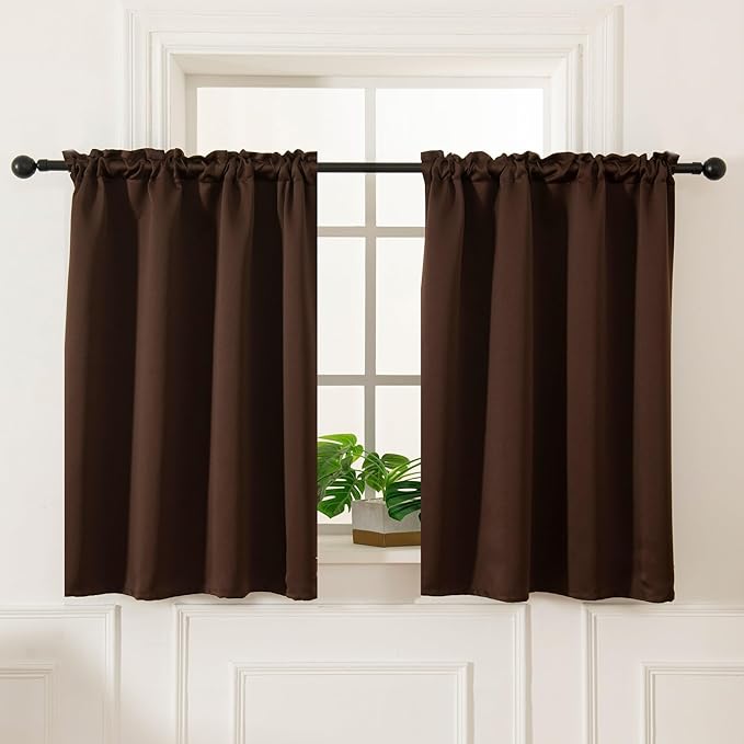 Pickluc Rod Pocket Tier Curtain - Half Blackout Curtain for Kitchen, Bathroom, Cabinet, Basement, 42 Inches Wide and 24 Inches Long, Chocolate Brown, 2 Panels
