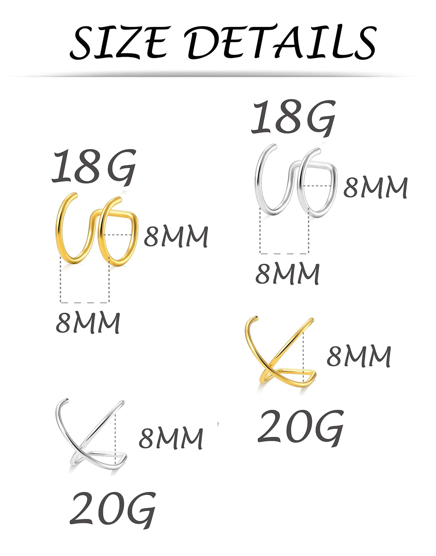 Tornito 4-10 Pairs Stainless Steel Ear Cuff Helix Cartilage Clip On Wrap Earrings Fake Nose Ring Non-Piercing Adjustable (B2:4 Pairs, Silver&Gold Tone)