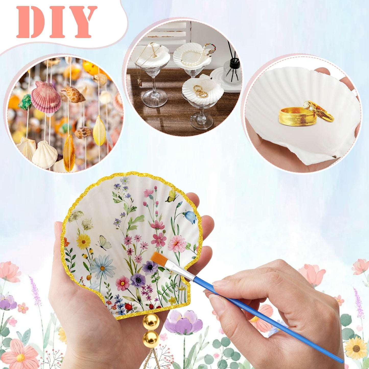 Gilprop 12 Pcs Large Scallop Shells for Shells Crafts 4''-5''with 24 Pcs Spring Wildflowers Decoupage Paper Napkin Acrylic Paint Strips Brushes Gold Bead for DIY Ornament Jewelry Tray