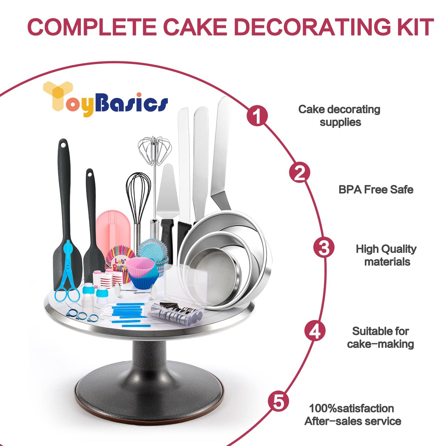 Aluminum Alloy Revolving Cake Stand & Carrier - 268PCS Kit with 54 Piping Tips, Acrylic Cake Discs, Various Spatulas