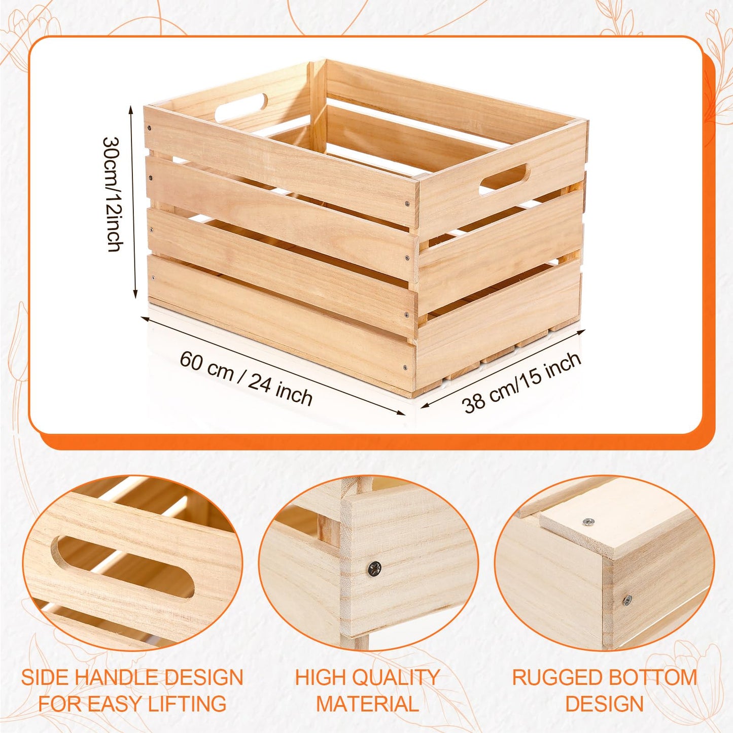 Weysat 3 Pack Large Wood Crates Box for Storage 24 x 15 x 12 inch Unassembled Wooden Milk Crates with Handle Decorative Nesting Box for Display Rustic Decor DIY Office Home Retail Art Craft (Wood)