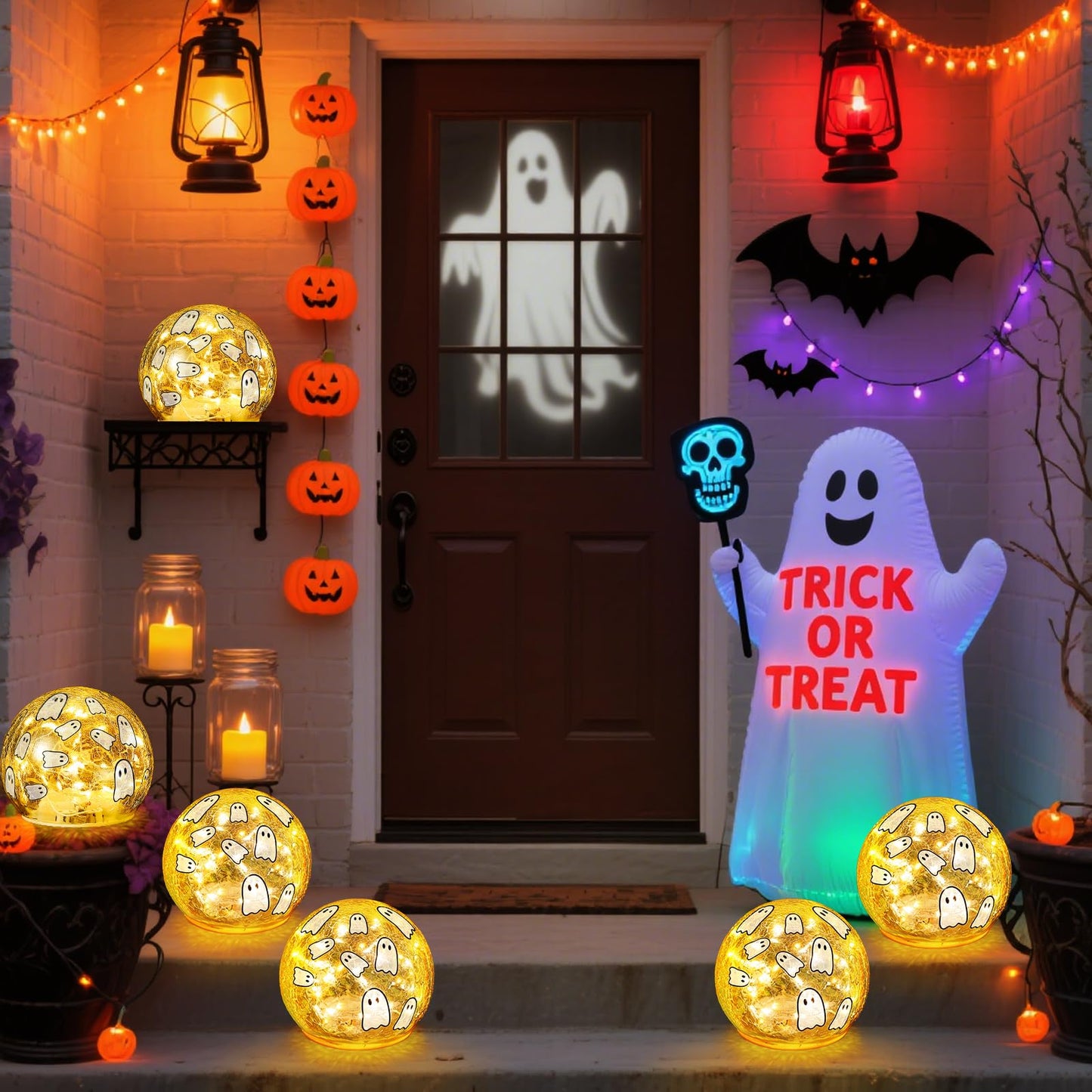 Tujoe 2 Pcs Halloween Decorations Indoor 4" Ghost Crackle Glass Globe Ball Lamp Night Lights with LED Timer Battery Operated Lighted Decorative Tabletop Decor for Table Home Centerpiece Party Gift