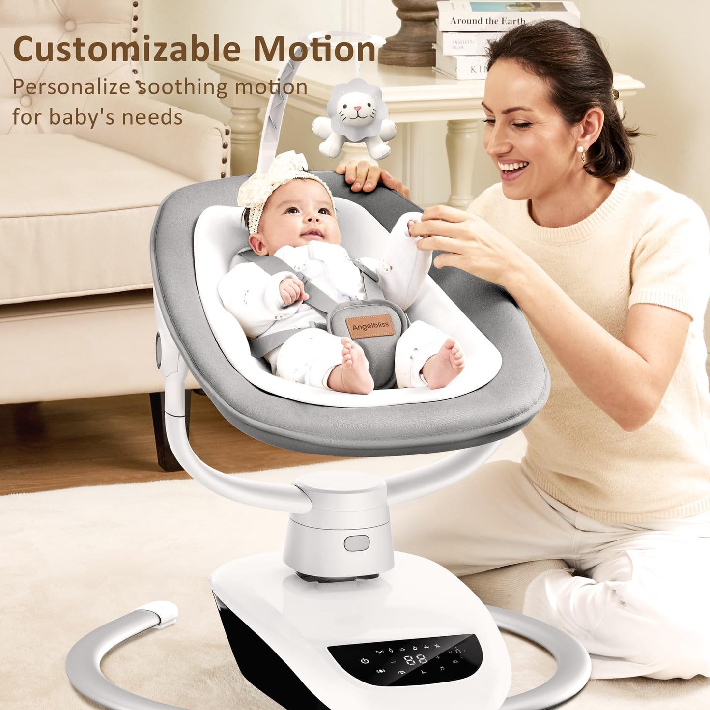 Angelbliss Baby Swing with Custom Motion, 3D-Motion Electric Swing with 6 Unique Motions & 4-Speeds, Bluetooth Enabled, 13 Preset Lullabies (Grey)