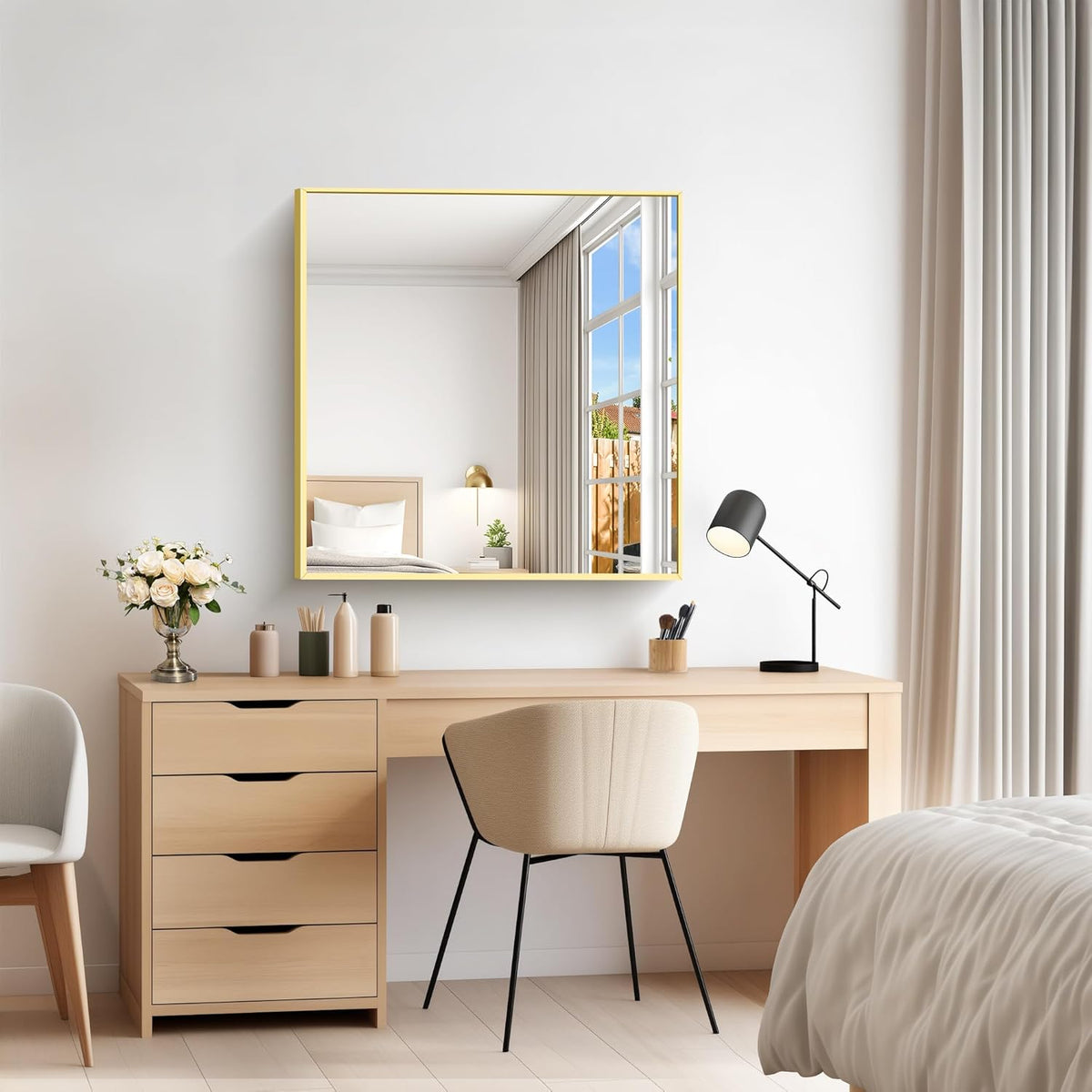 Gold Bathroom Mirror for Wall, 30x30 Inch Rectangle Mirrors with Metal Frame, Modern Vanity Wall Mirror Decor for Bathroom Living Room, Entryway Hangs Horizontal or Vertical