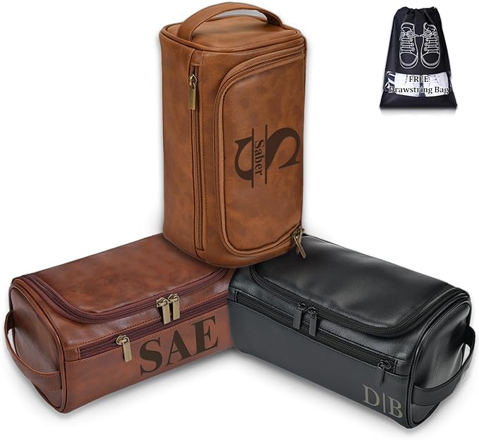 Personalized Leather Toiletry Bag for Men, Custom Engraved Travel Dopp Kit Bag, Customized Name Initials Gift for Groomsmen, Best Man, Father's Day, Wedding, Birthday, Husband, Grandpa