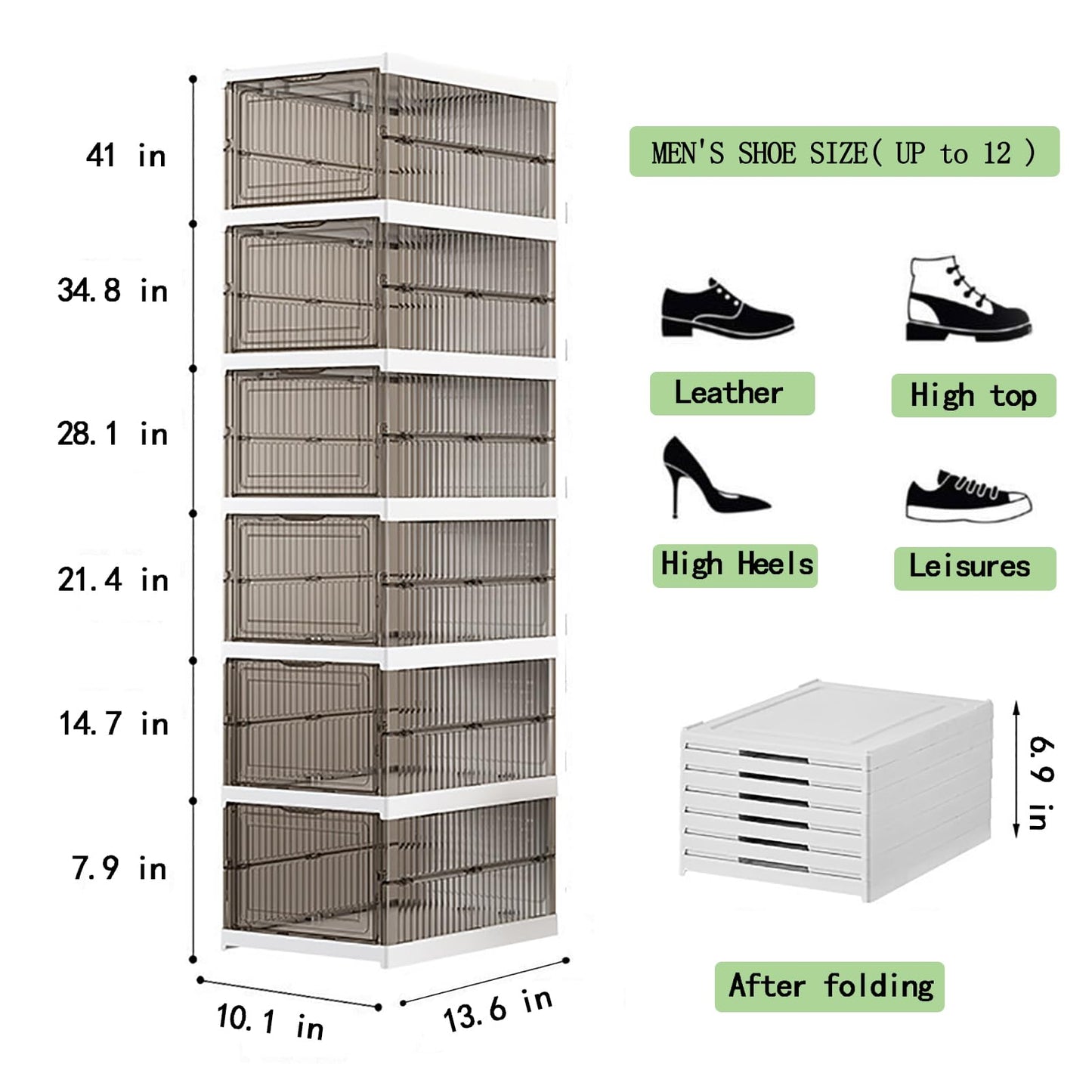 M ACHOOSE Shoe Storage Organizer Box 6-Tier Foldable Collapsible Stackable Shoe Rack Bins, Fit Size 12, No Assembly, for Men and Women (Transparent gray)