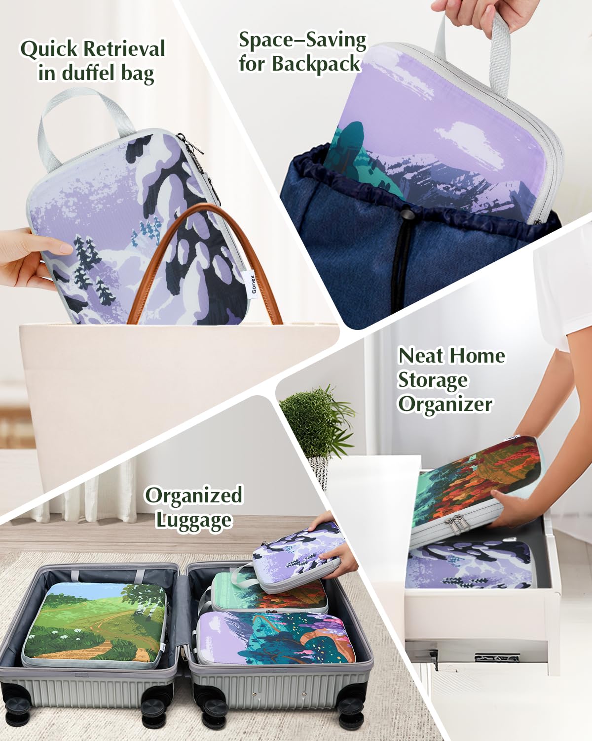 Gonex Compression Packing Cubes, 4pcs Expandable Storage Travel Luggage Bags Organizers, Travel Cubes for Suitcase Carry On (Seasons)