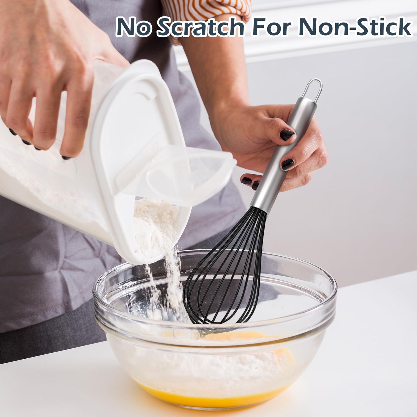 Silicone Whisk, Stainless Steel Wire Whisk Set - 3 PCS Rubber Whisks for Cooking, Non-stick Cookware, Kitchen, Balloon Egg Beater Perfect for Blending, Whisking, Black