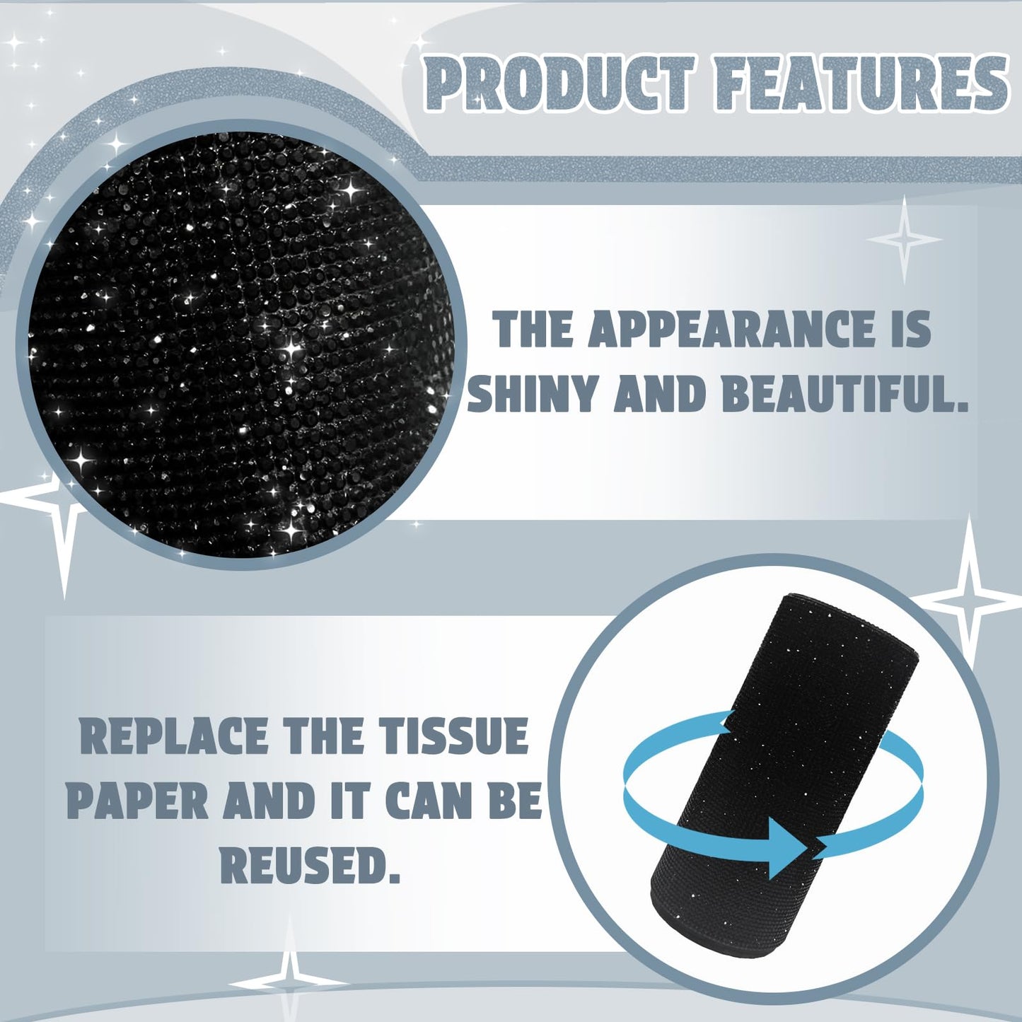 Bling Car Tissue Holder for Cup Holder – Sparkly Rhinestone Round Tissue Dispenser with 1 Pack Tissues – Fits Standard Auto Cup Holders – Stylish Car Interior Accessory for Women(Black)
