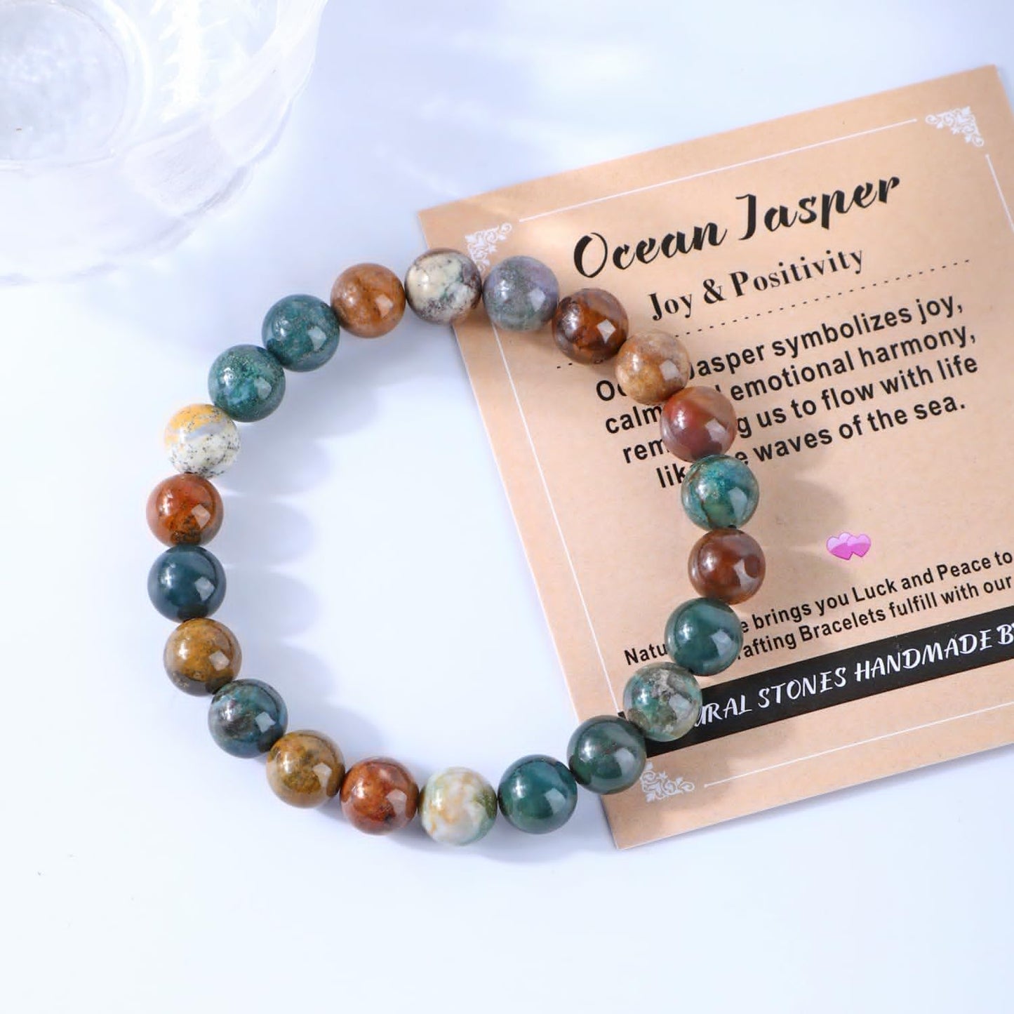 AD Beads 6mm Handmade Ocean Jasper Elastic Bracelet – Natural Gemstone for Joy & Positivity – Meditation, Yoga, Healing and Energy Gift for Men Women
