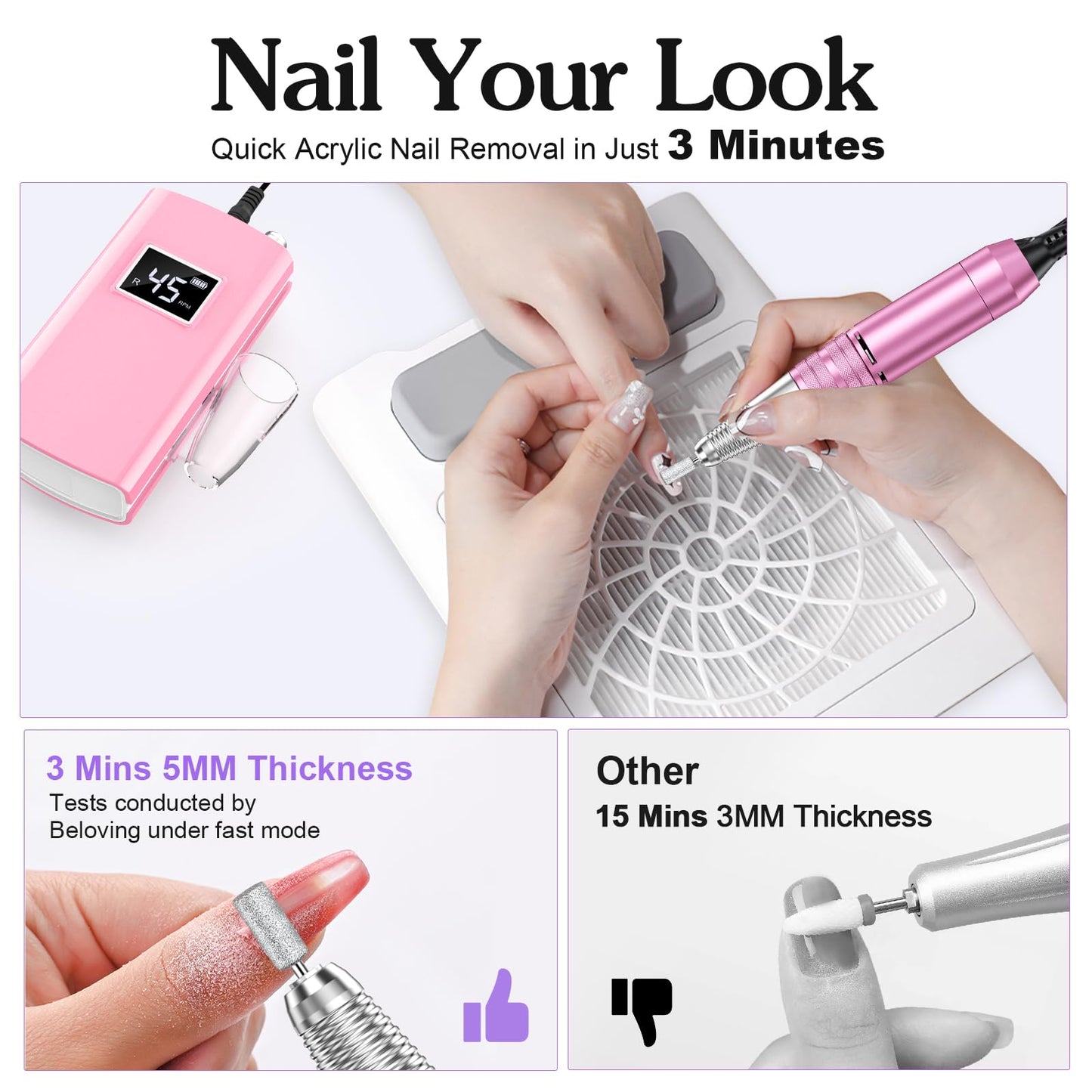 Beloving Portable Nail Drill Professional, 45000RPM Rechargeable Nail Drill Electric File Machine for Acrylic Gel Polish Remover