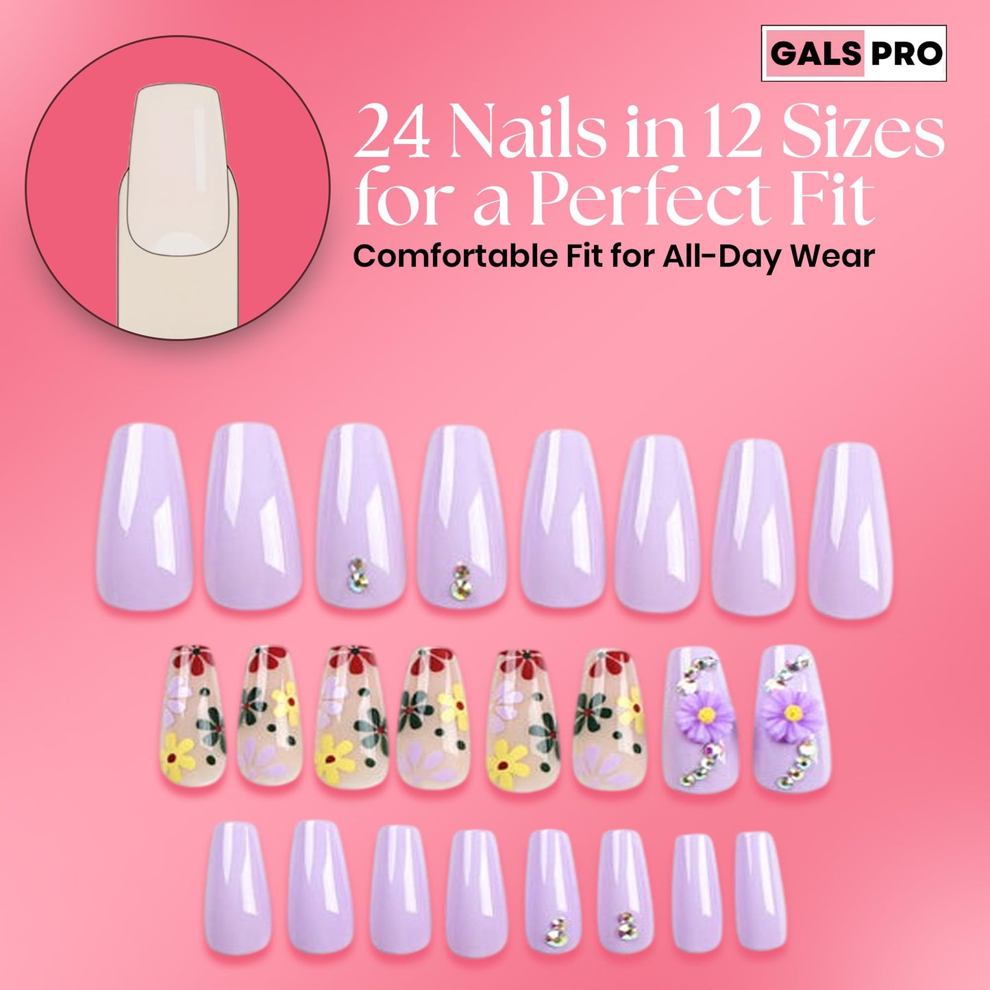 GALSPRO Medium Press on Nails - Set of 24 Fake Nails with Designs in 12 Different Sizes for Perfect Fit, Cute False Nails Kit for Women with 0.07oz Nail Glue, A Double Sided Nail File & Cuticle Stick