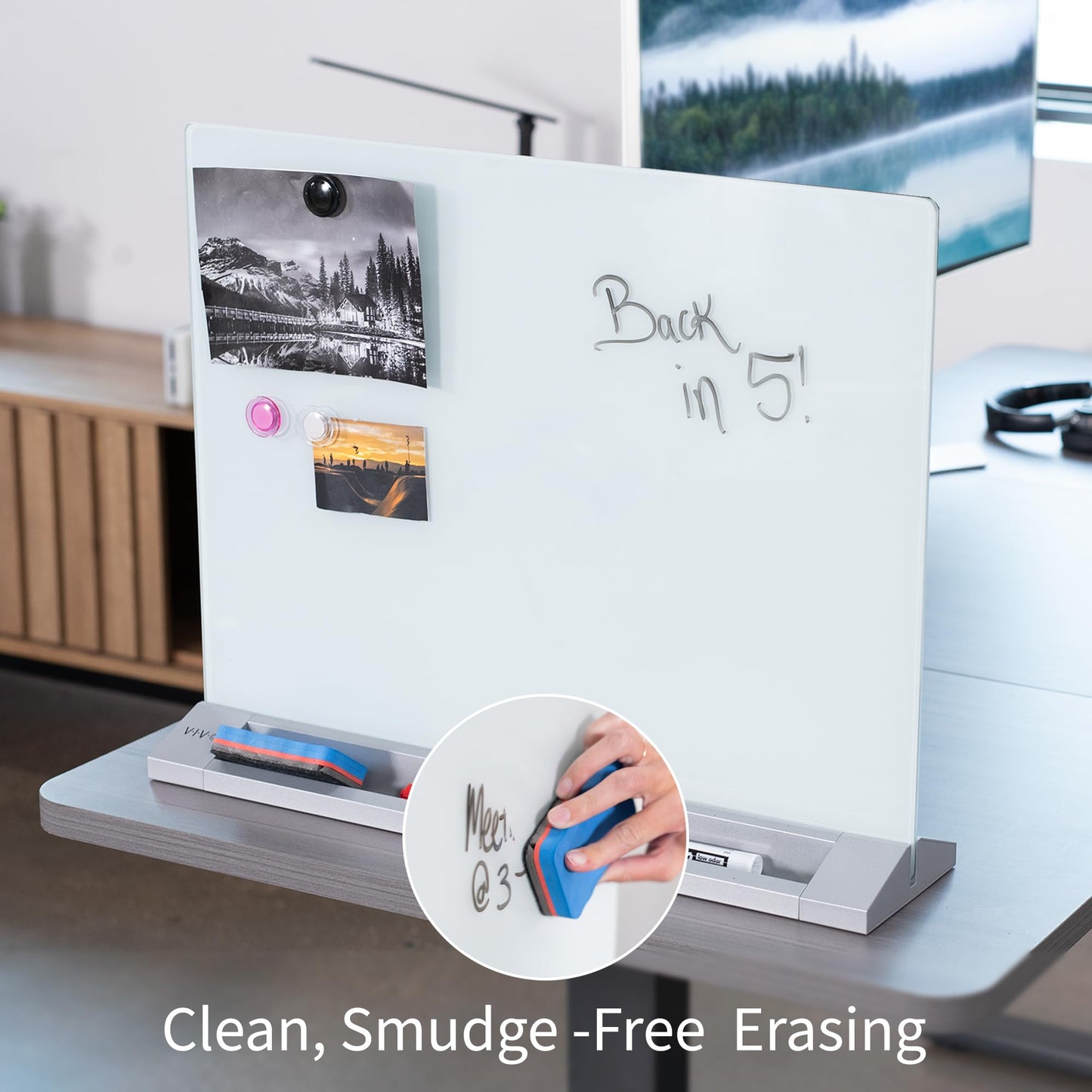 VIVO Freestanding Glass 23 x 19 inch Tabletop Magnetic Dry Erase Board, Portable Privacy Divider, Reversible Double-Sided Whiteboard Panel Partition, Storage Trays, School Home Office, DESK-WB23G