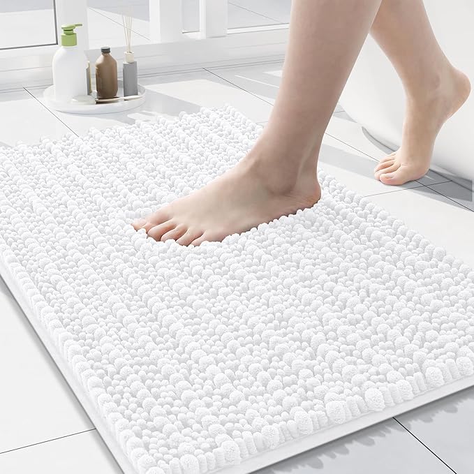 Arotive Luxury Chenille Bathroom Rug Mat, Extra Soft Thick Absorbent Shaggy Bath Rugs, Non-Slip Machine Wash Dry, Plush Bath Mats for Bathroom, Shower and Tub, 30x17, White