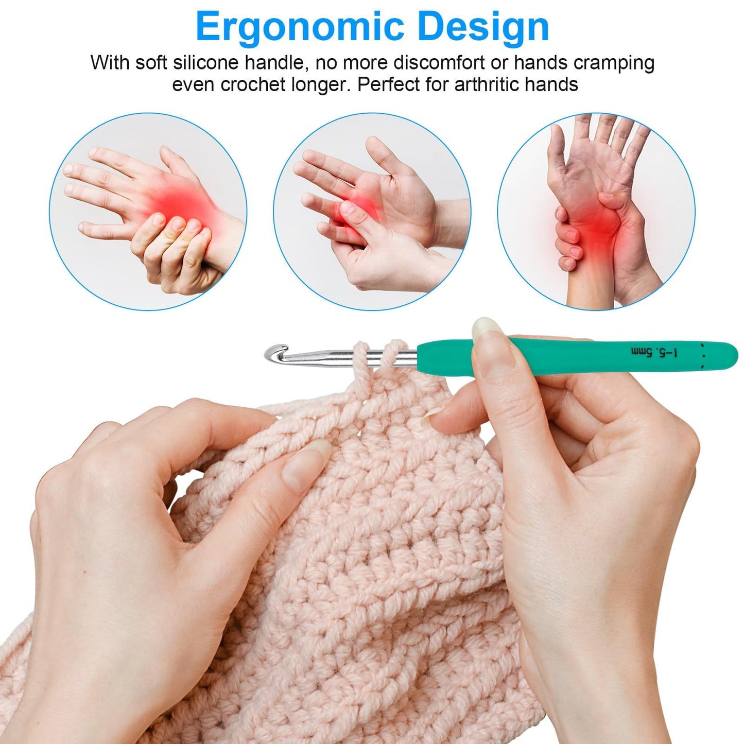 Crochet Hooks 14 Sizes Crochet Hook Set, 53 Pack Yarn Crochet Kit for Beginners, Knitting Needles with Ergonomic Handles for Arthritic Hands, Crochet Needle Kit with Blue Case for Crocheters