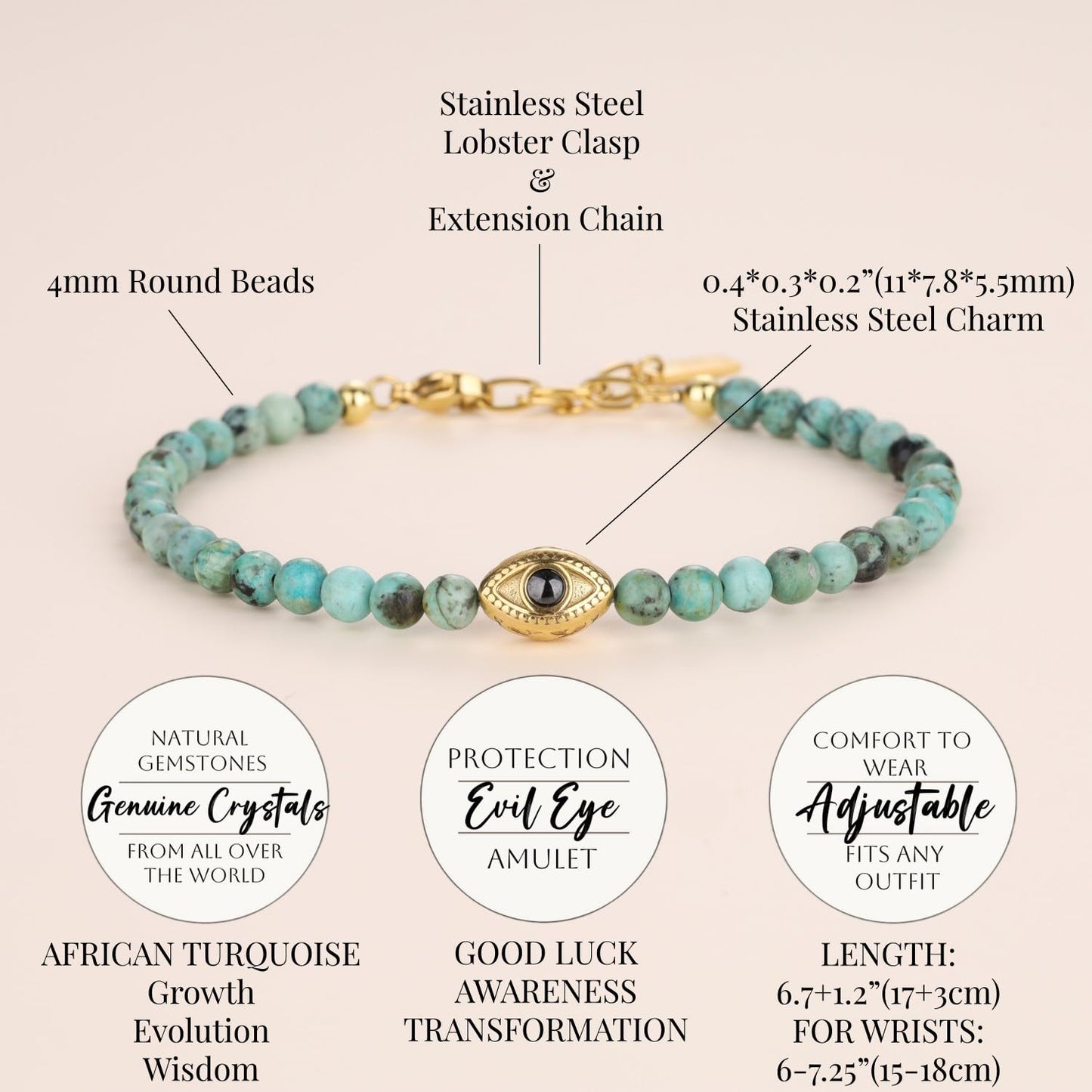 COAI African Turquoise Bracelet for Women, Evil Eye Charm Crystal Beaded Bracelet for Women 4mm