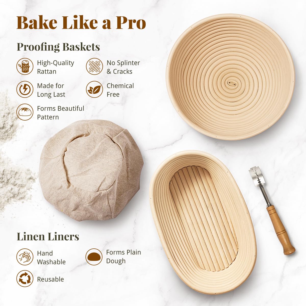 Sourdough Starter Kit, Banneton Bread Proofing Baskets Set, Sourdough Bread Baking Supplies Making Tools with Dough Scraper, Whisk, Bread Lame, Recipe