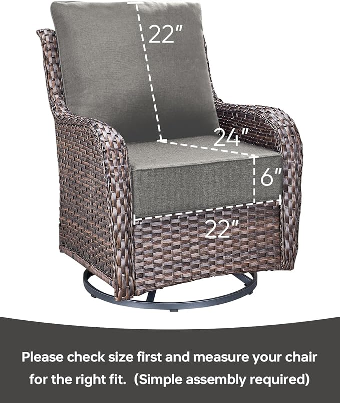 Luxury 22x24/22x25 6-Inch Patio Chair Cushions Set of 3 - Memory Foam Deep Seat Water-Resistant Patio Cushion for Lawn Dining Rocking Swivel Chairs Loveseat 3-Seater Sectional Sofa - Grey
