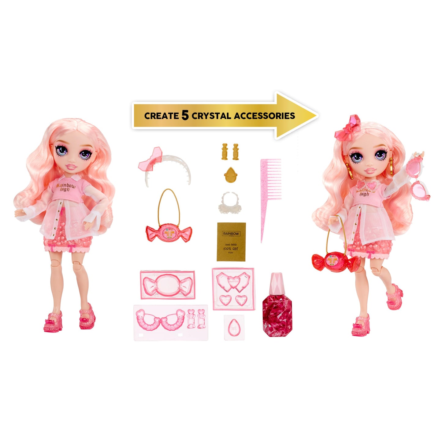 Rainbow High Creative Crystals Bella - Pink 11” Fashion Doll with Crystal Accessory Make It Kit, Ring for You, DIY, Crafts, Resin Play, Kids Gift 8+