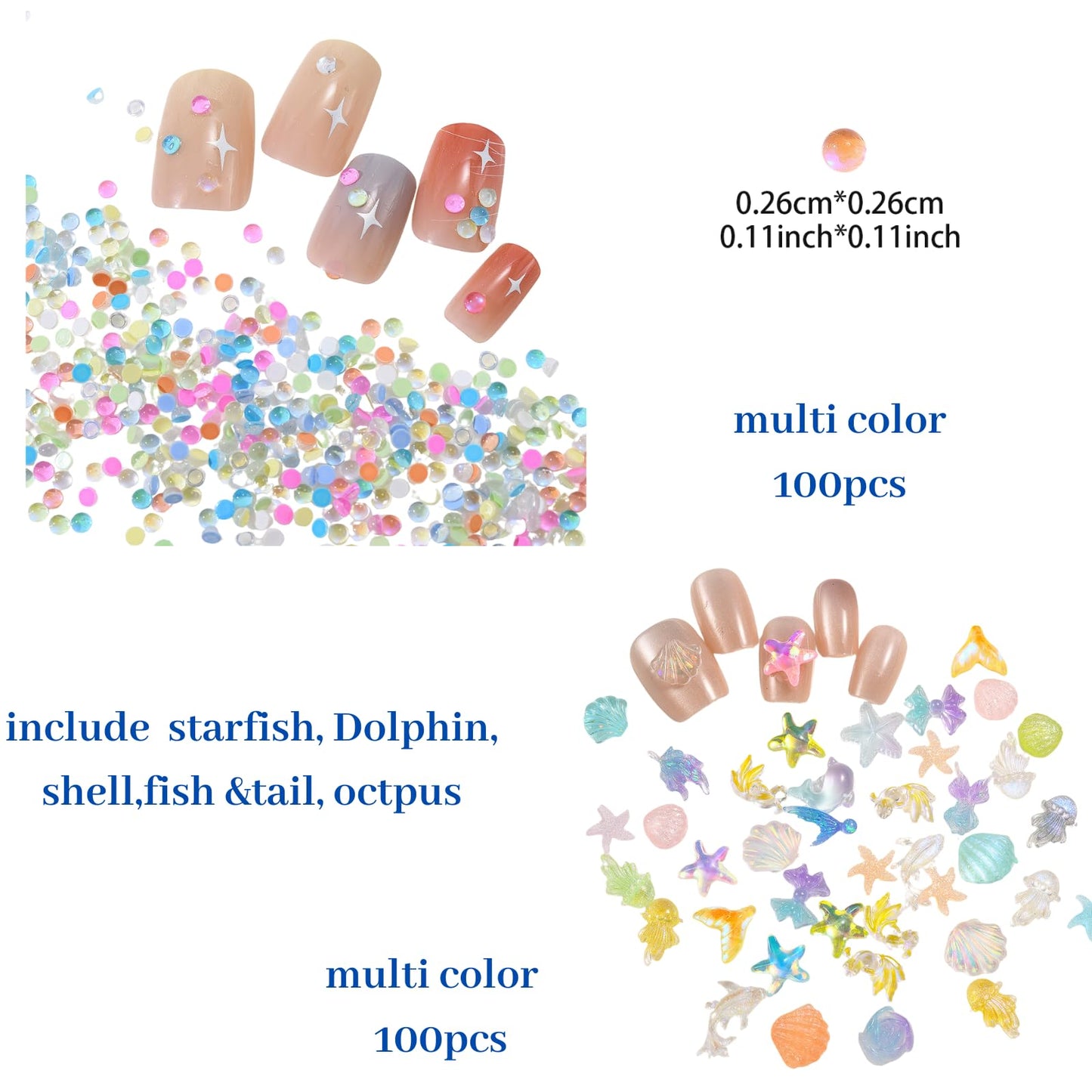 Press On Nail Sizing Card +Ocean Nail Charms Gem Kit Bundle