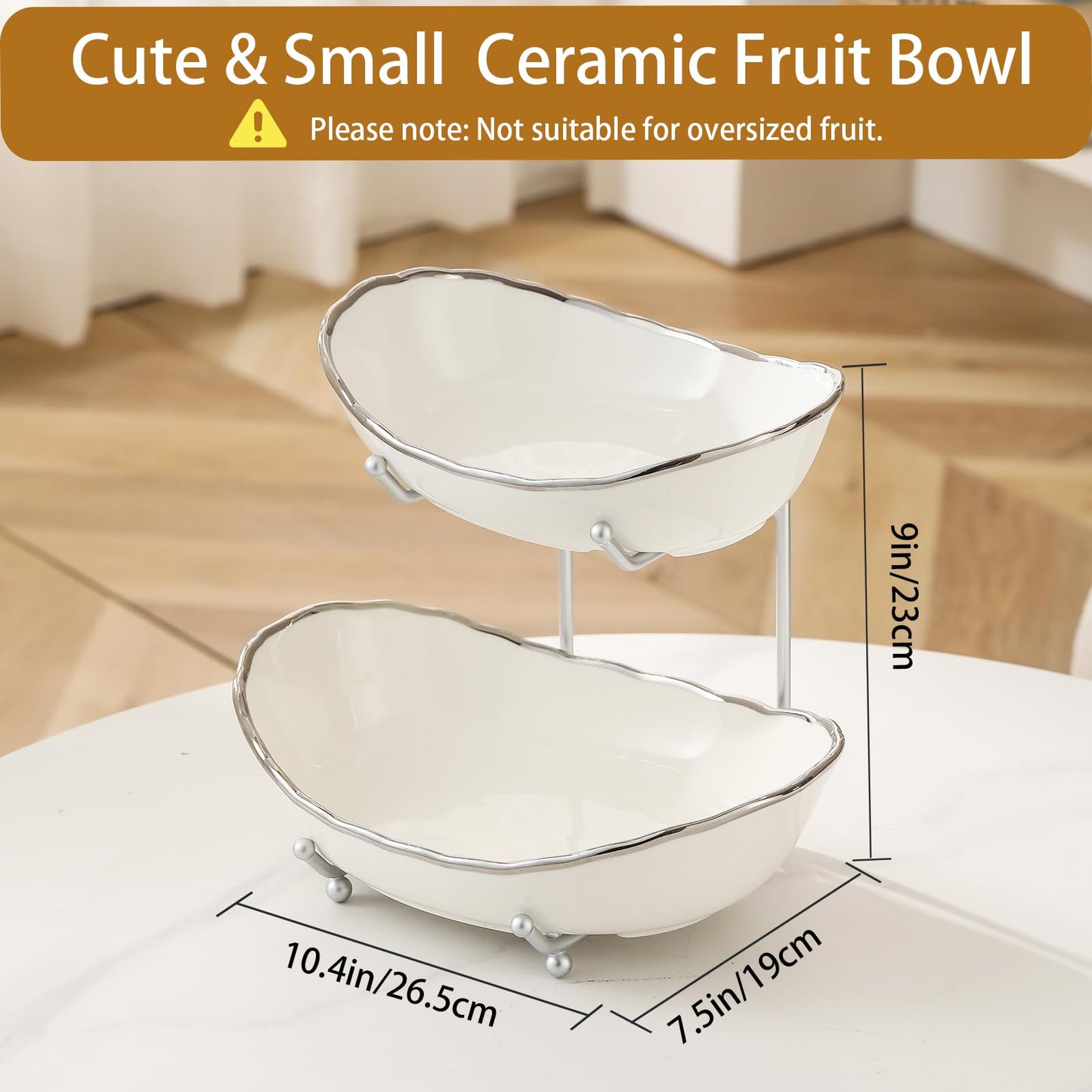 HOMKULA 2 Tier Ceramic Fruit Bowl for Kitchen Counter, Tiered Fruit Basket for Countertop, Modern Multi Layer Fruit Display Stand for Party, Cute (Silver-rimmed, Small)