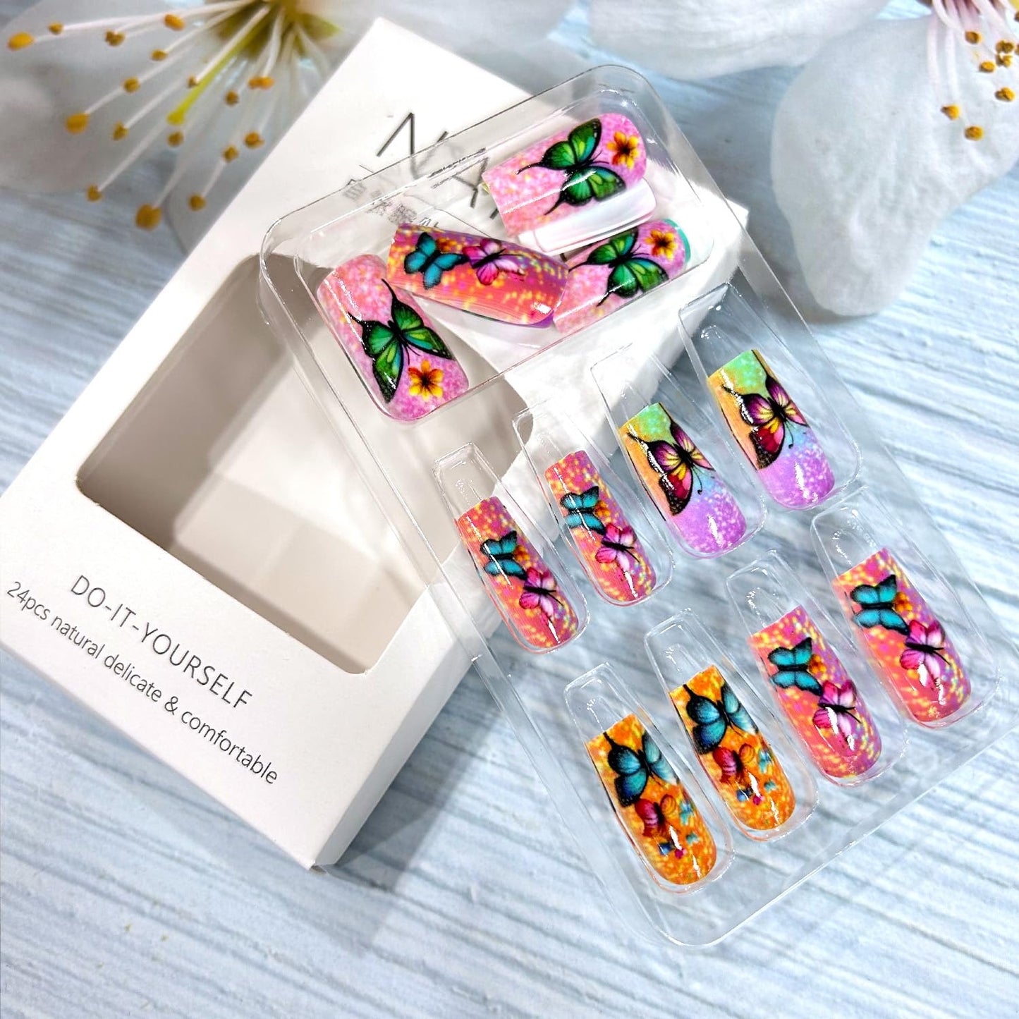 Butterfly Press on Nails Medium Ballet Shaped Gradient False Nails Press Ons with Colorful Butterflies Flower Pattern Design Artificial Fake Nails Full Cover Acrylic Stick on Nail for Women 24Pcs