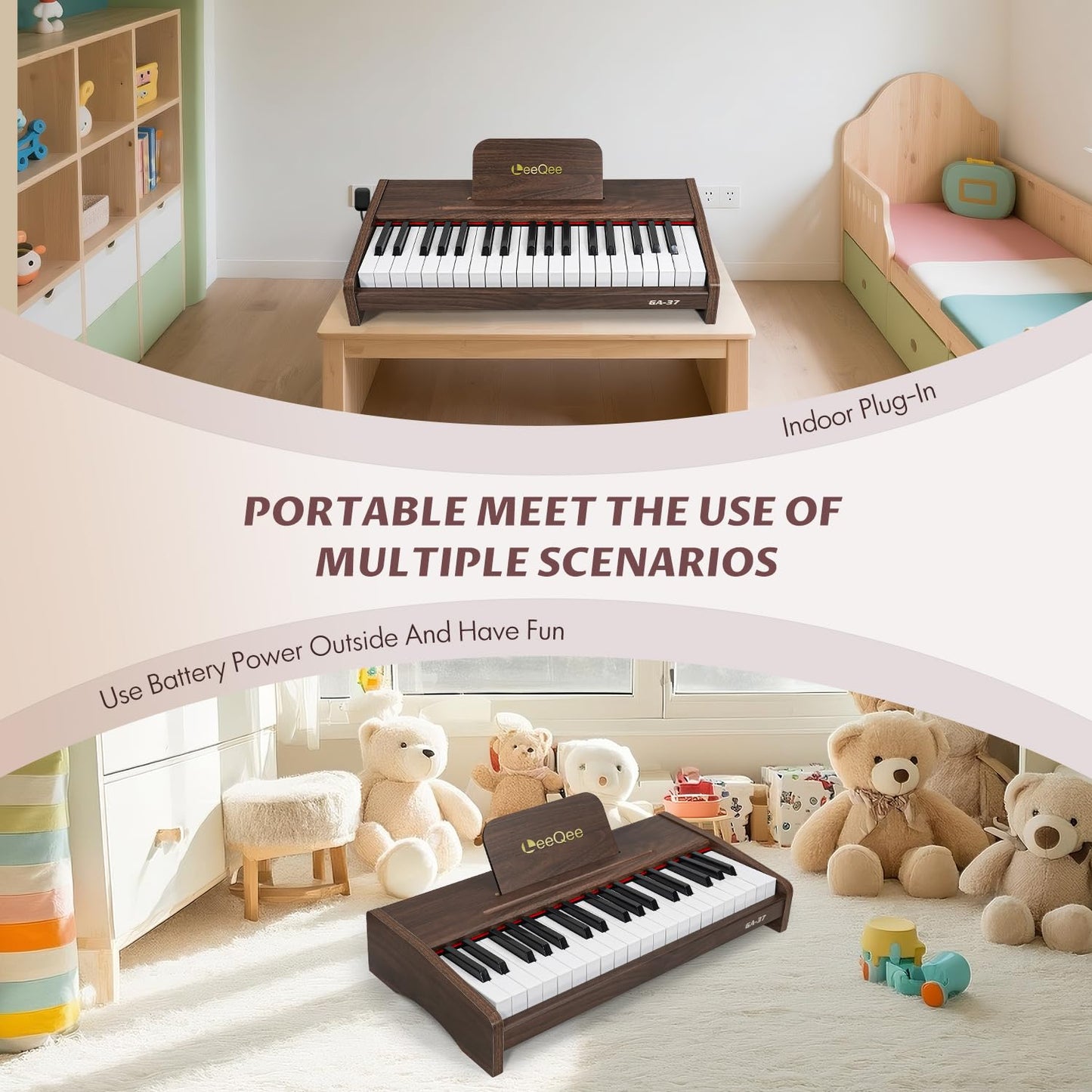 LeeQee 37-Key Wooden Kids Piano Keyboard - Electronic Music Toy with Pro Sound, Educational Learning Modes & Portable Power - Best Toddler Educational Gift for Aspiring Musicians