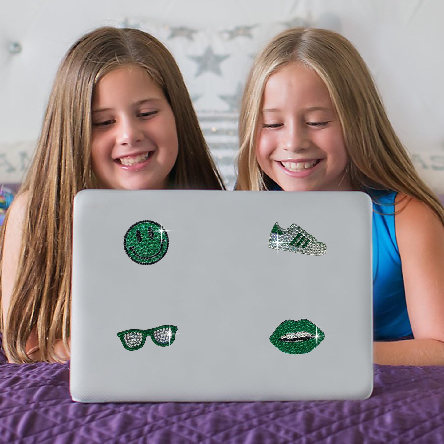 StickerBeans® Rhinestone Stickers - Green Team Spirit Sticker Pack, 2” x 2” Each, Unique Sparkly Cut-to-Shape for Collecting, Trading, Decorating Laptops, Phone Cases, Scrapbooks