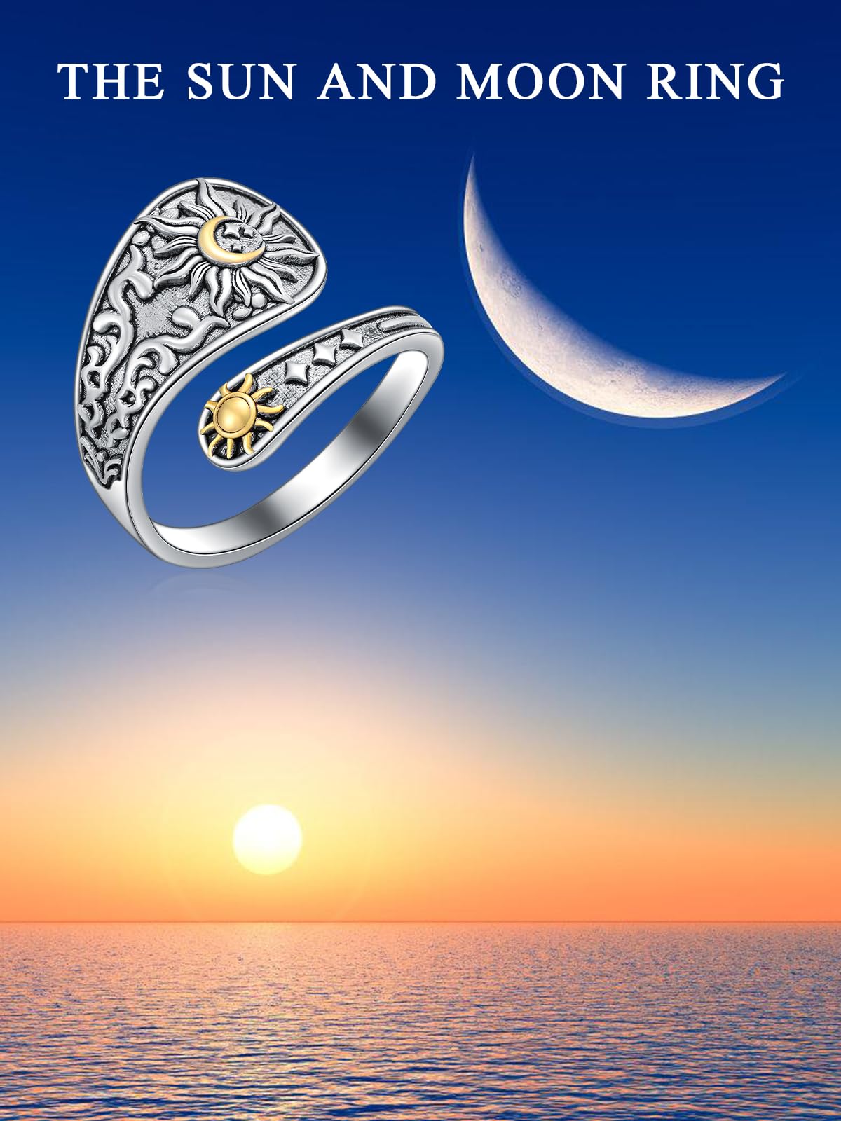 Midari Sun Moon Star Spoon Ring 925 Sterling Silver Vintage Adjustable Thumb Rings for Women & Daughters