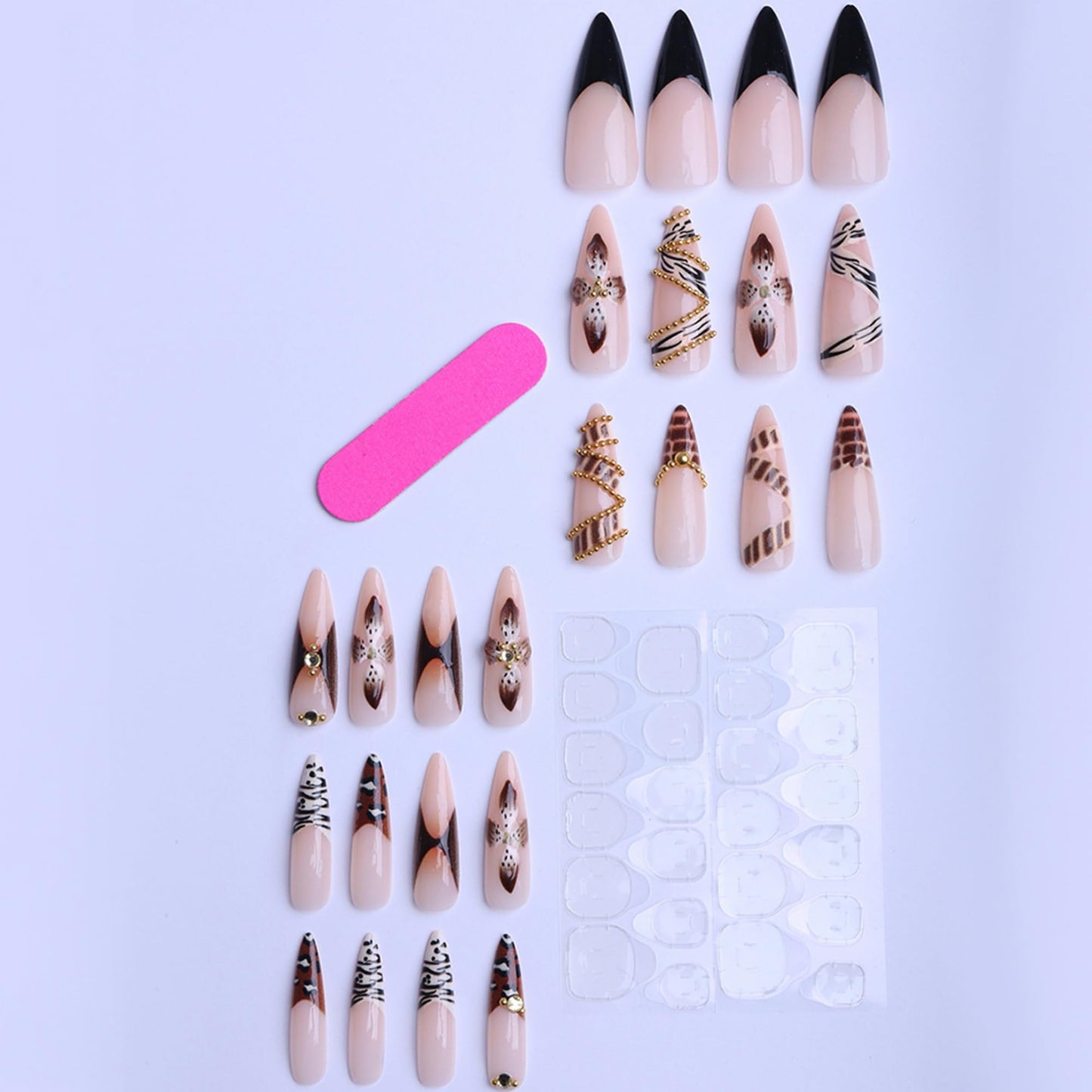 Almond Press on Nails Long Brown Flowers Stick on Nail for Women 24pcs