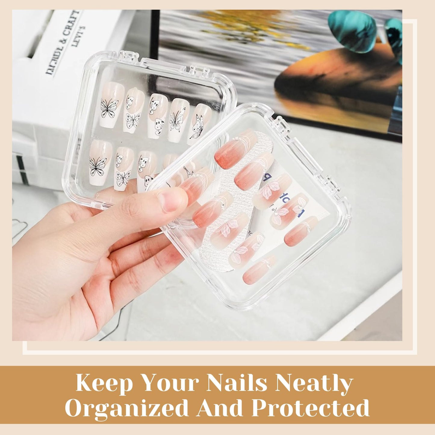 Press on Nail Storage Box,8 PCS Double Layer Press on Nail Case and 1 Big Storage Box with 60 Pcs Double Sided Adhesive Tape,Clear Acrylic Press On Nail Packaging Organizer for Fake Nail Display Salon