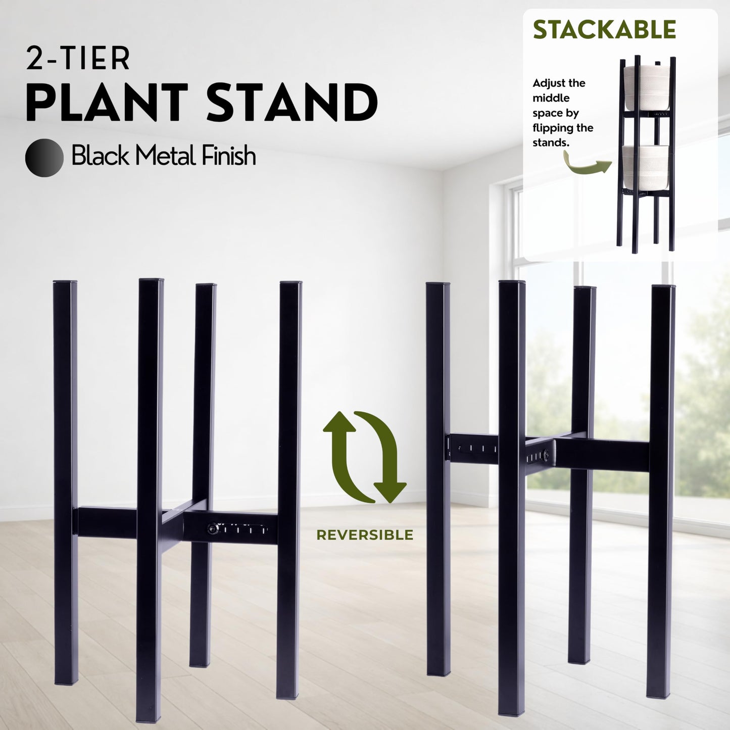 Adjustable 2-Tier Metal Plant Stand Indoor Outdoor- Set of 2 stackable plant shelfs. Heavy Duty Plant stands outdoor rustproof. Flower stand suitable for 8–12 Inch Pots by iSpaces