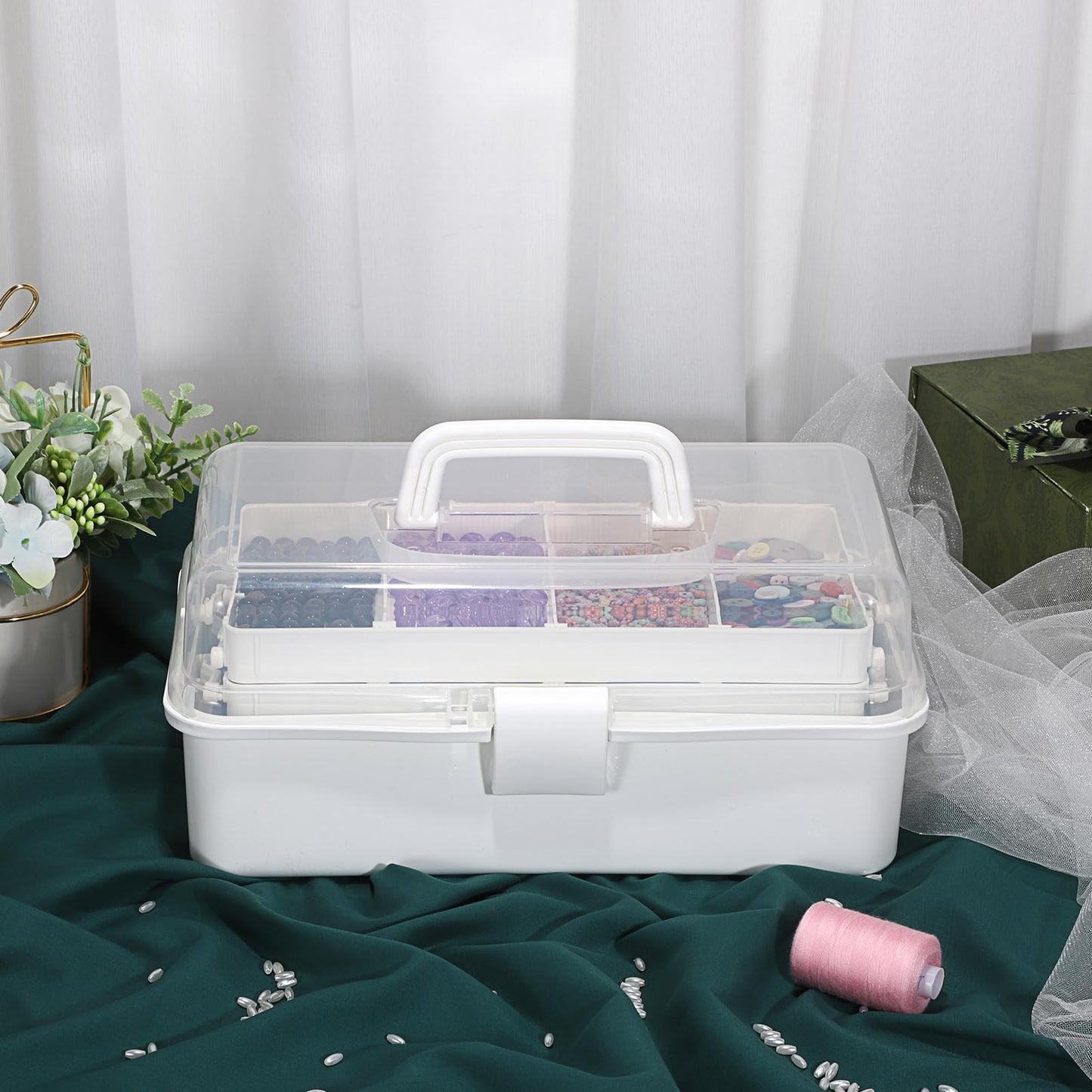 BTSKY 3-Layer Plastic Dividing Storage Box Craft Organizer with Adjustable Spacers Portable Handled Art Supply Organizer Multipurpose Home Utility Box for Medicine Box Sewing Box (Beige White)