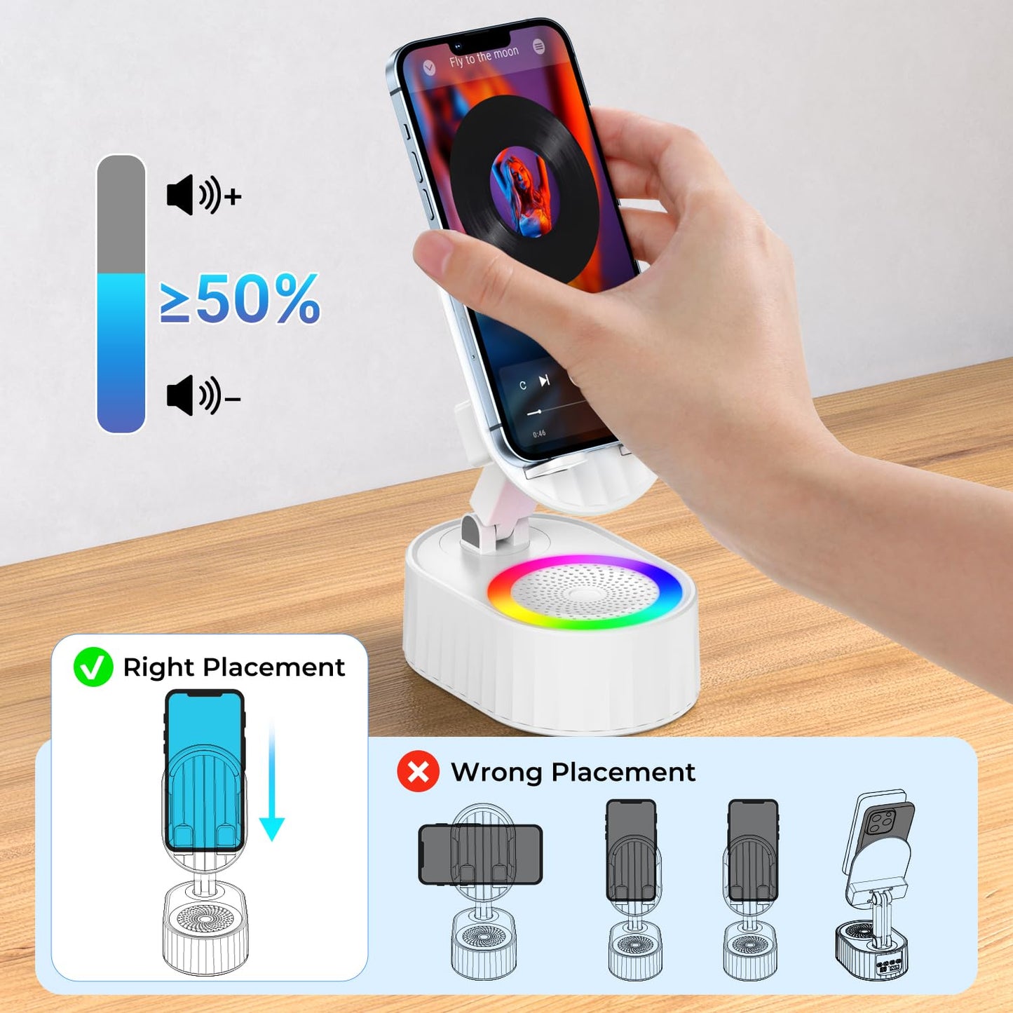 AKLLCCR Wireless Induction Audio Bluetooth Speaker 5in1 Phone Holder Emergency Rechargeable (3000mAh) with Colorful Ambient Light 300° Foldable for Tablet iPhone Android, Gifts for Men Women (White)