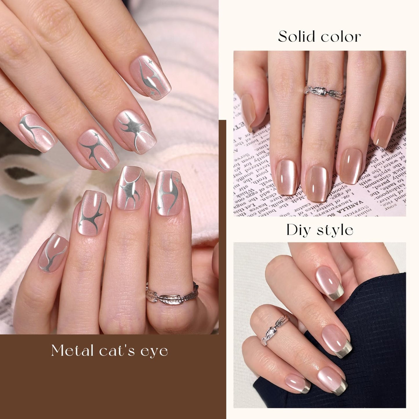 Brown Cat Eye Press on Nails Short Square,Glossy Glass Fake Nail Kit Neutral Nude Chocolate Brown False Nails Winter Fall Nails with Mirror Metallic Silver Nail Stickers,150pcs 15 Sizes