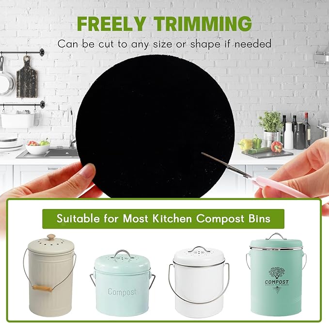 12 Pack - 6.7 Inch Round Compost Bin Charcoal Filters,Extra Thick Activated Carbon Charcoal Filters for Longer Lasting Odor Control, Fits Countertop and Home Bucket Kitchen Compost Bins (Refill)